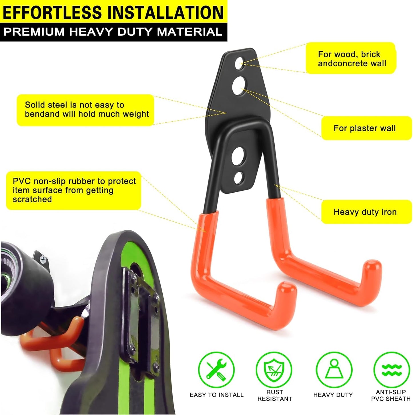 6 Pack Garage Hooks Heavy Duty Storage Organizer Wall Mount Power and Garden Tool Hangers, for Hanging Ladders, Ropes, Hose, Bulk Items