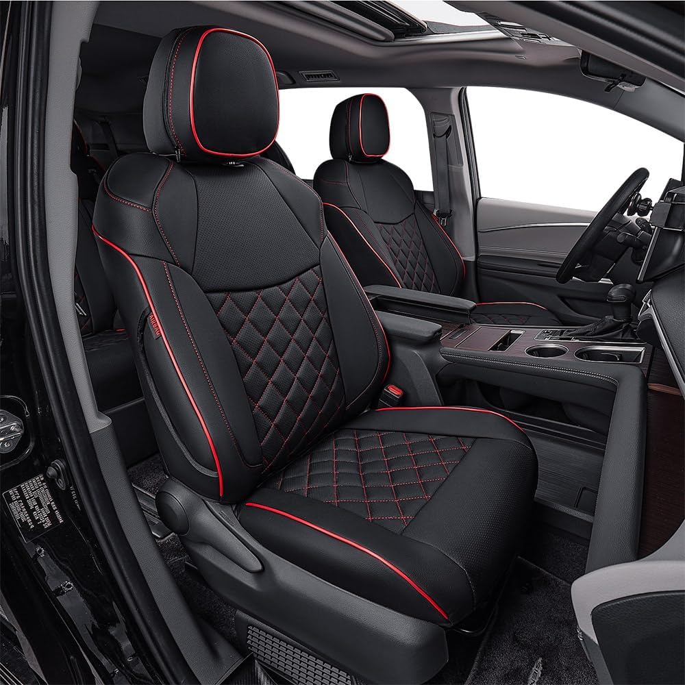 EKR Sienna Seat Covers for 2021-2025 Toyota Sienna LE, XLE,8 Seats,2nd Row 4/2/4 Split,Waterproof Seat Covers Full Set for Trucks,Car Seat Protectors-Three Row,Leather(Black with Red Piping)