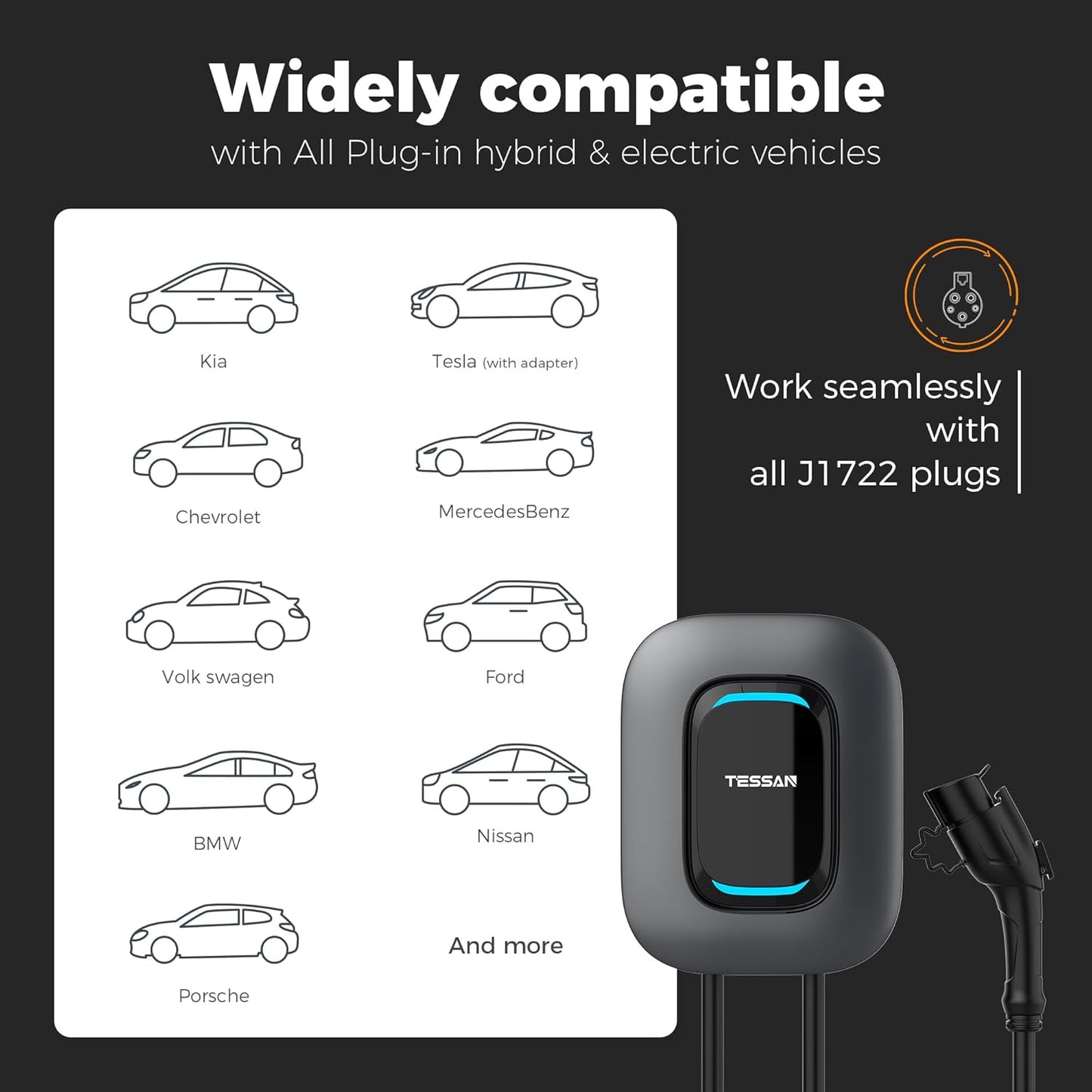EV Charger Level 2, TESSAN 40A/240V Electric Vehicle Fast Charging Station for Home, Electric Car Charger Equipment 25ft Cable with Holder for Indoor, Outdoor, NEMA 14-50 Plug