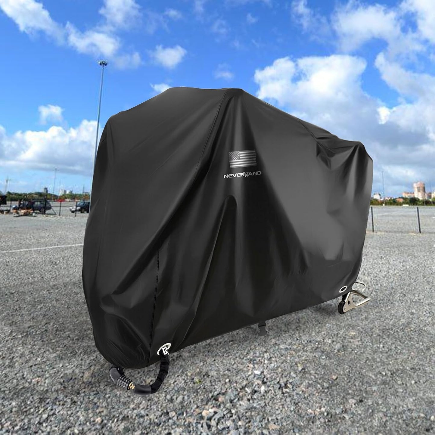 NEVERLAND Motorcycle Cover Waterproof Outdoor - Black Heavy Duty Scooter Cover, Motorbike Cover with Refletive Logo, Lock-Hole, Bandage, Storage Bag-Protect Against Dust, Debris, Rain (XXXL)