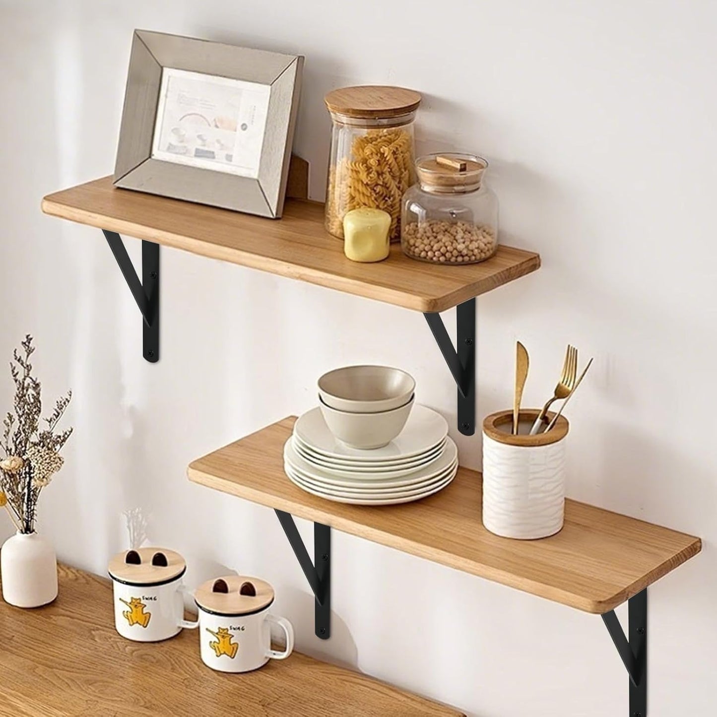 6 Pack L16 x H 10" Black Heavy Duty Shelf Brackets with Screws Metal Shelf Brackets Shelf Support Angle Brackets for Shelves L Brackets Heavy Duty Floating Shelf