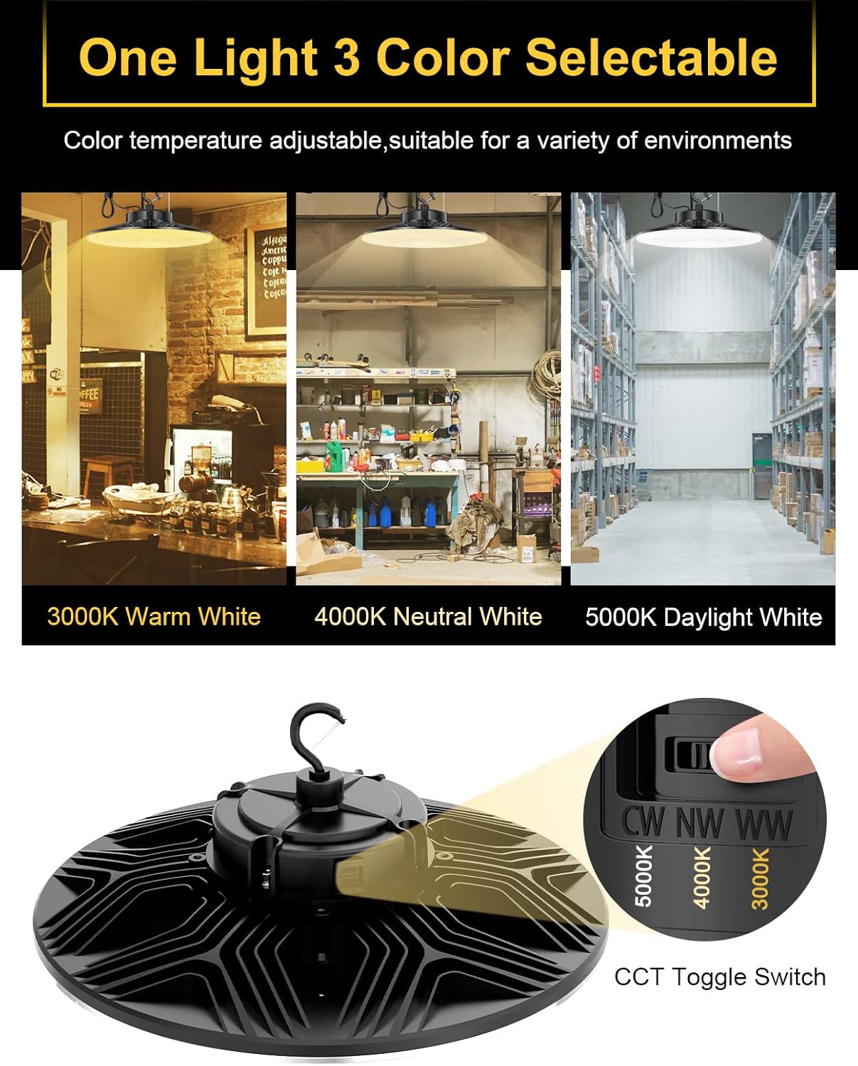 UFO LED High Bay Light, 150W/100W/80W Adjustable, 3000K/4000K/5000K, UL & DLC Listed 21000LM 0-10V Dimmable IP65 Waterproof High Bay Lights AC100-277V for Warehouse Factory(3 Pack)