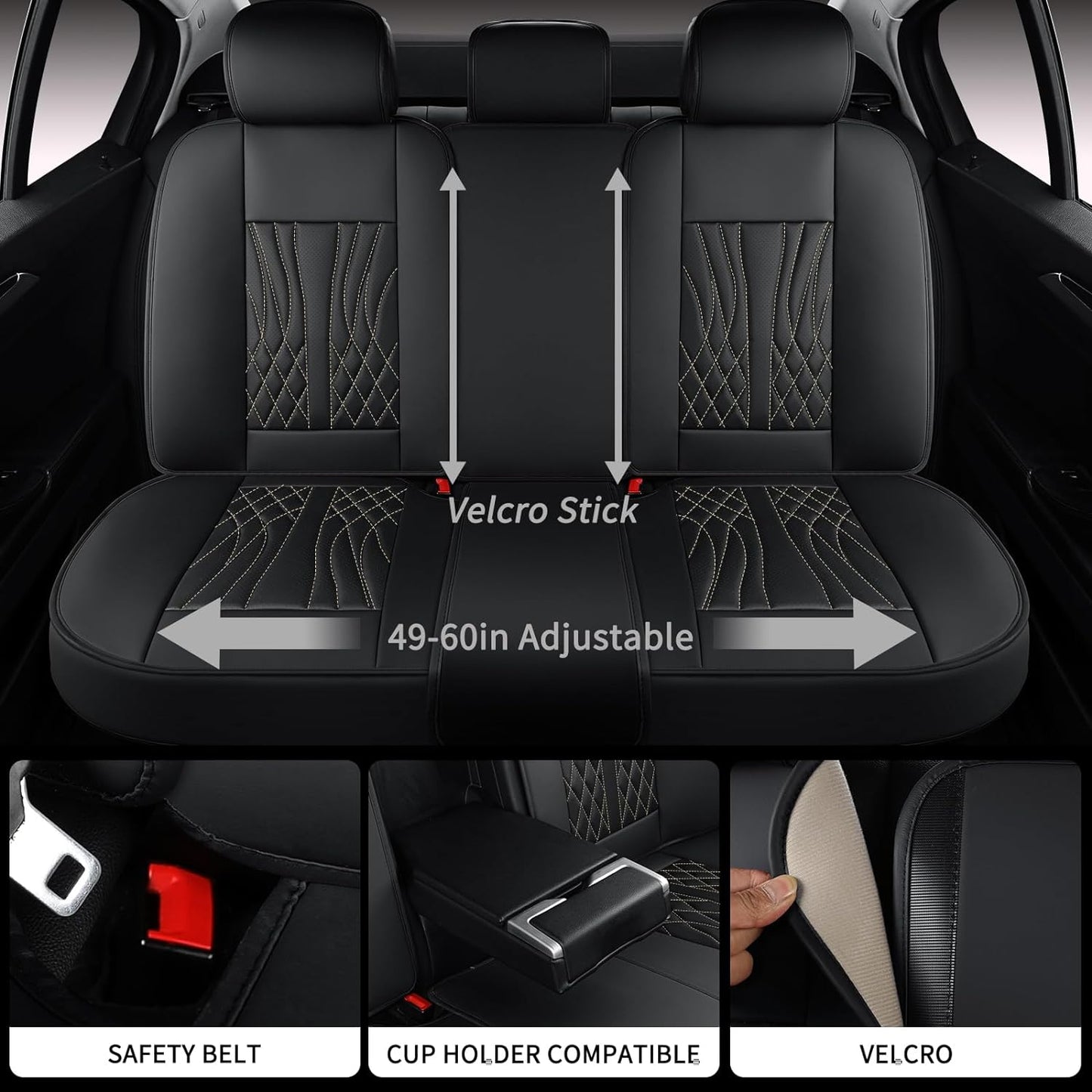 Leather Car Seat Covers 5 Pieces, Full Set Universal Seat Covers for Cars, Waterproof Nappa Leather Auto Seat Protectors, Black Car Seat Cover Most Sedans SUV Pick-up Truck Black&BeigeLine
