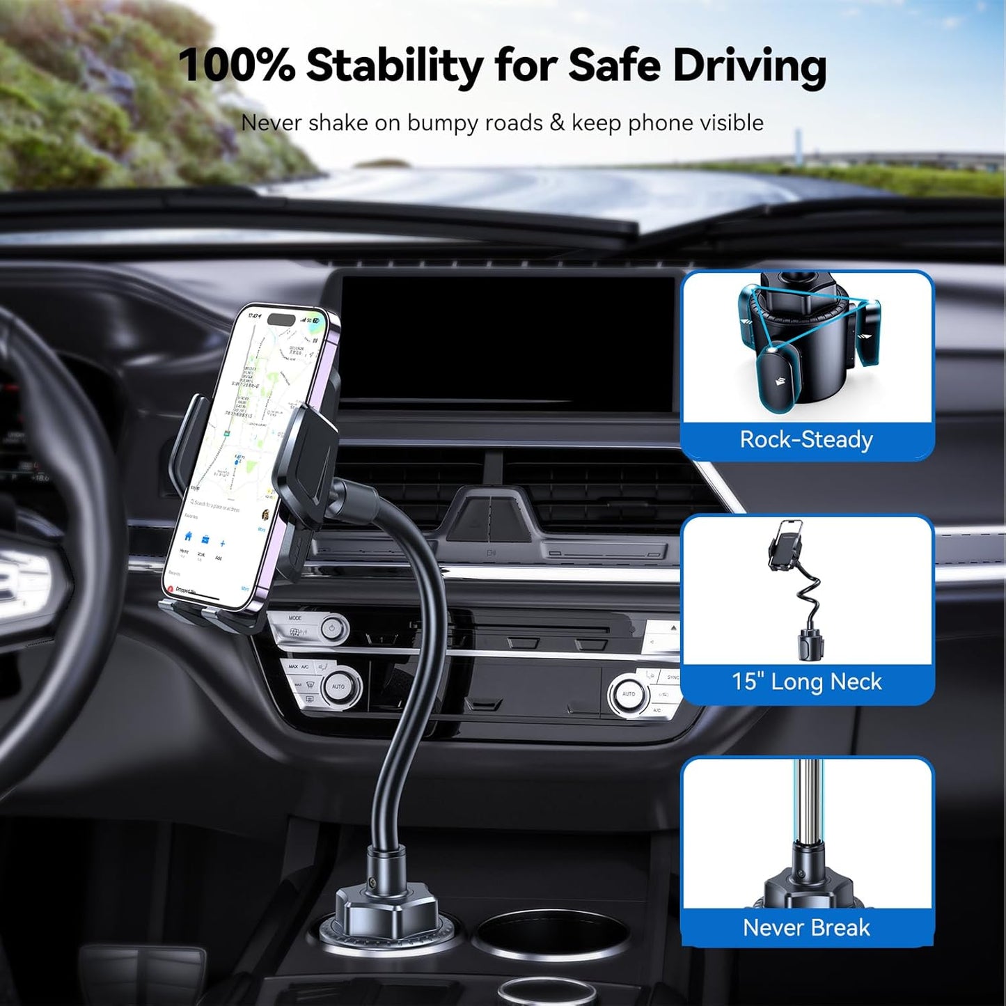 TECKNET Universal Car Cup Phone Holder – Adjustable Cradle Car Mount with Air Vent Phone Mount & Extra Grip Pads for iPhone, Samsung, All Smartphone