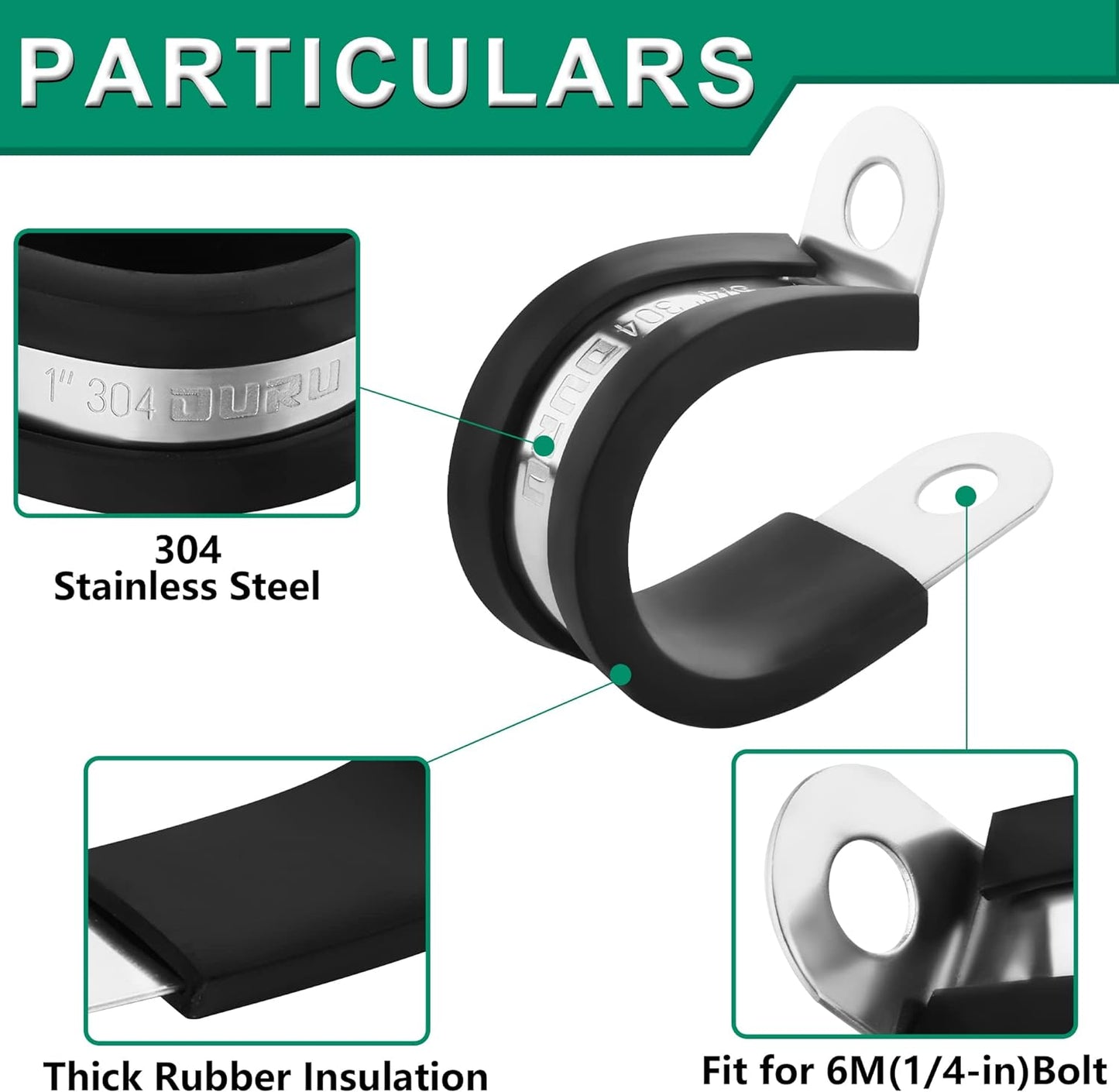 30PCS Stainless Steel Cable Clamps 9 Sizes—1/8" 3/16" 1/4" 5/16" 3/8" 1/2" 5/8" 3/4" 1" Rubber Coated Cushioned Insulated Cable Clamp,Automotive Cable Wire Clamps,Pipe Clamps(Black)