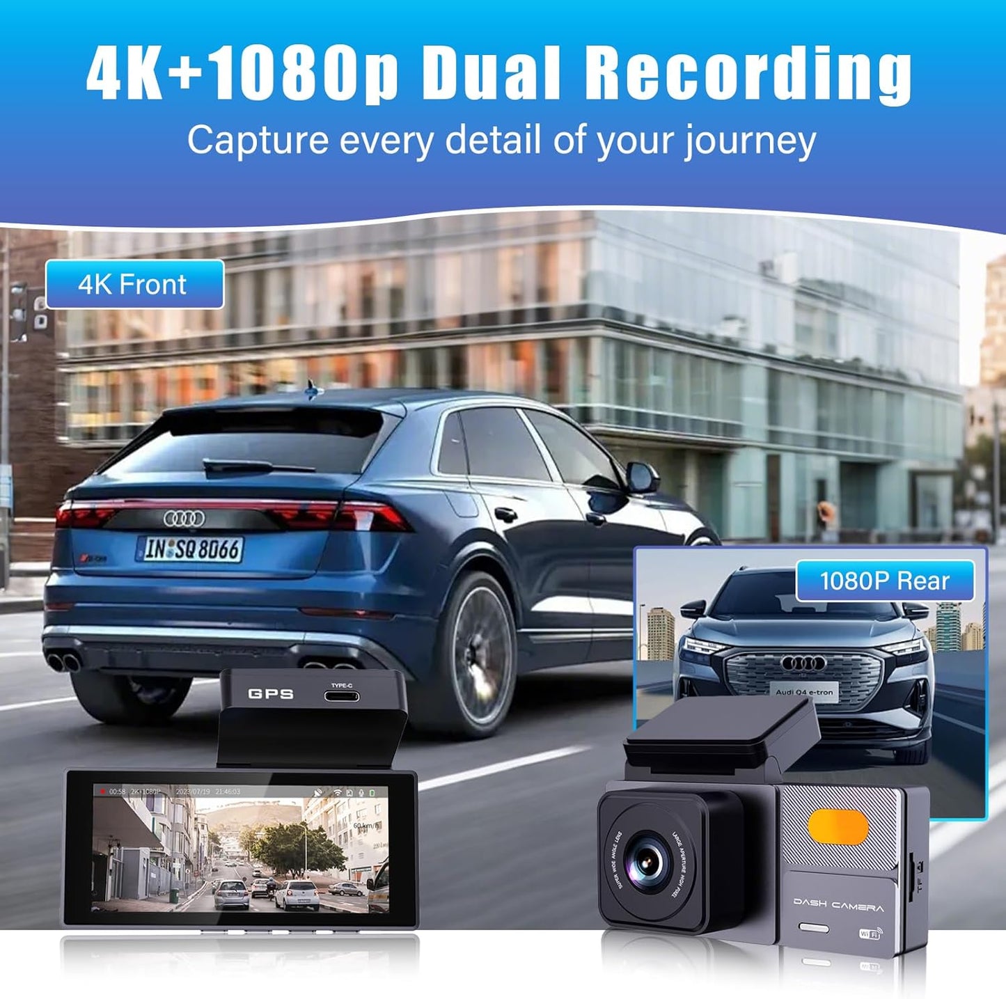 K03 On-Dash Cameras - Front and Rear Dash Cam for Cars, 4K Dual DashCam, Wireless Dash Camera with HDR Night Vision, GPS, Voice Control, Remote Live View - Best Rated Car Camera 2024