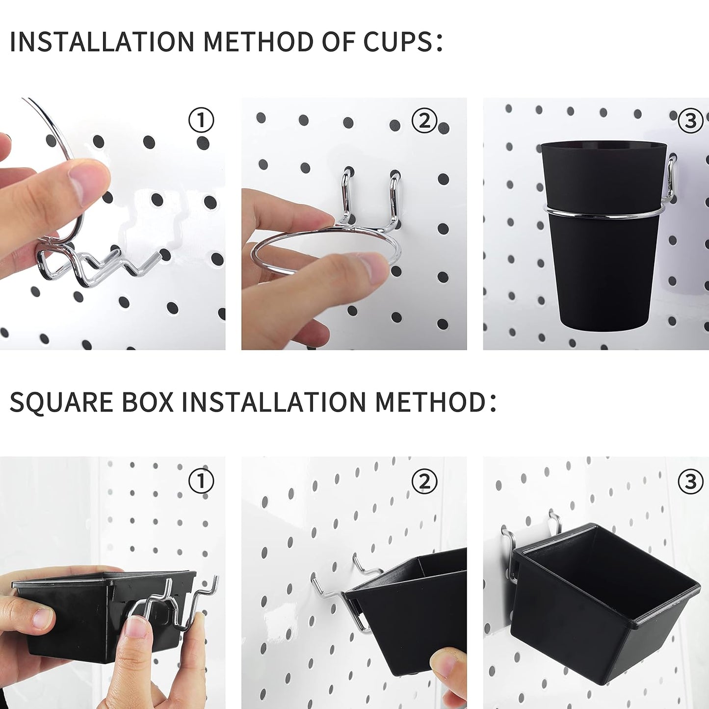 6 Sets Pegboard Bins Pegboard Cups with Hooks, Pegboard Hooks Assortment, Hooks for Pegboard Cup Holder for Organizing Accessories Tools Storage Office Workshop Garage Workbench Black