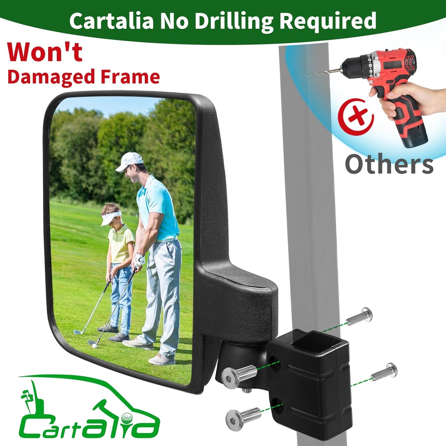 Golf Cart Side Mirrors No Drilling, Universal Folding Rear View Mirror for 0.75"-1.25" Square Rail, Fits EZGO Club Car Yamaha, 180 Degree Rotation Large HD Glass Rearview Shatterproof Surface