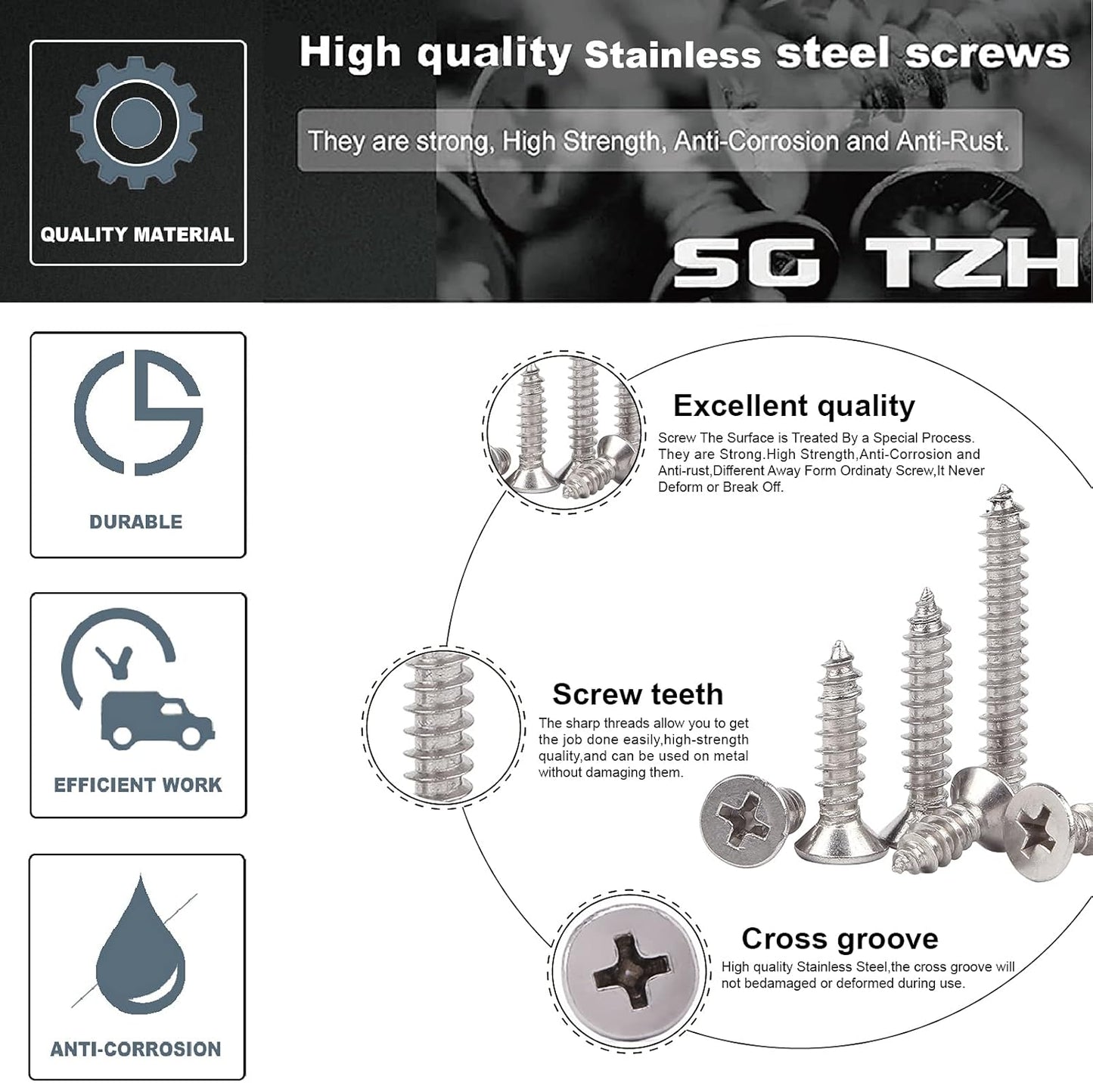 #10 x 1/2" Wood Screw 100Pcs 18-8 (304) Stainless Steel Screws Flat Head Phillips Fast Self Tapping Drywall Screws by SG TZH