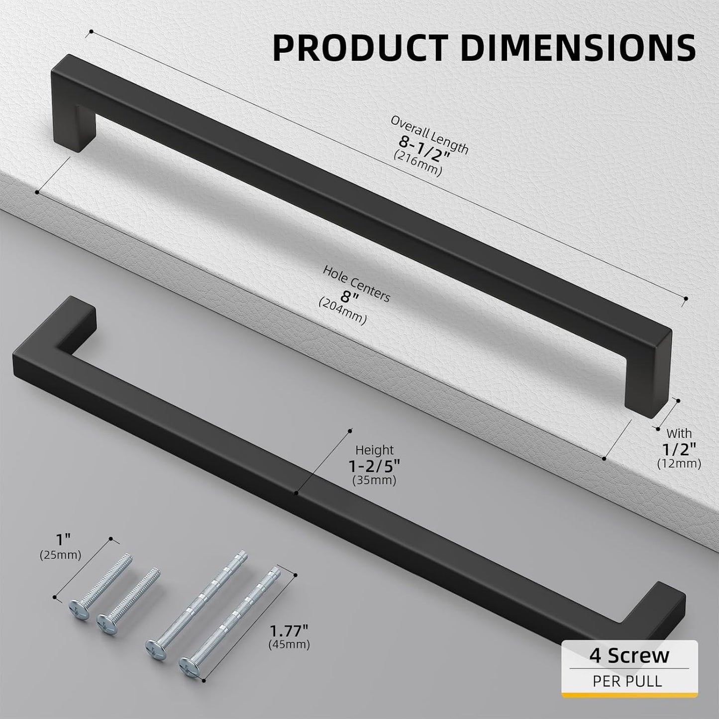 goldenwarm 150Pack 8INCH Matte Black Cabinet Pulls Kitchen Hardware, 204mm Square Bar Pulls for Cabinets Hardware, Black Drawer Pulls 8-1/2in Overall Length