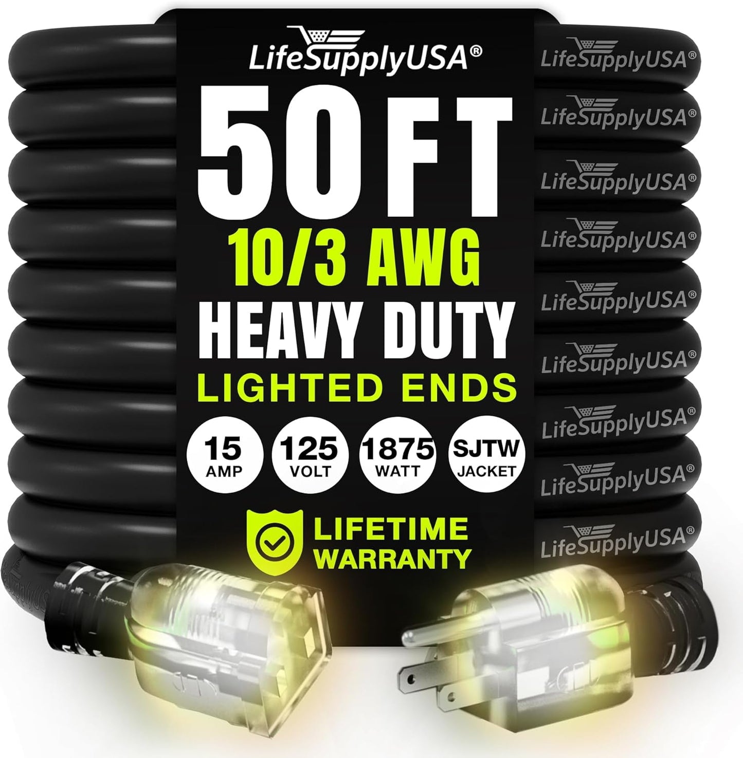 50ft Outdoor/Indoor Extension Cord 10/3 Gauge Ultra Heavy Duty 3 Prong SJTW, Waterproof, Flexible Cold-Resistant Long Power Cord,15A 125V 1875W, Black by LifeSupplyUSA