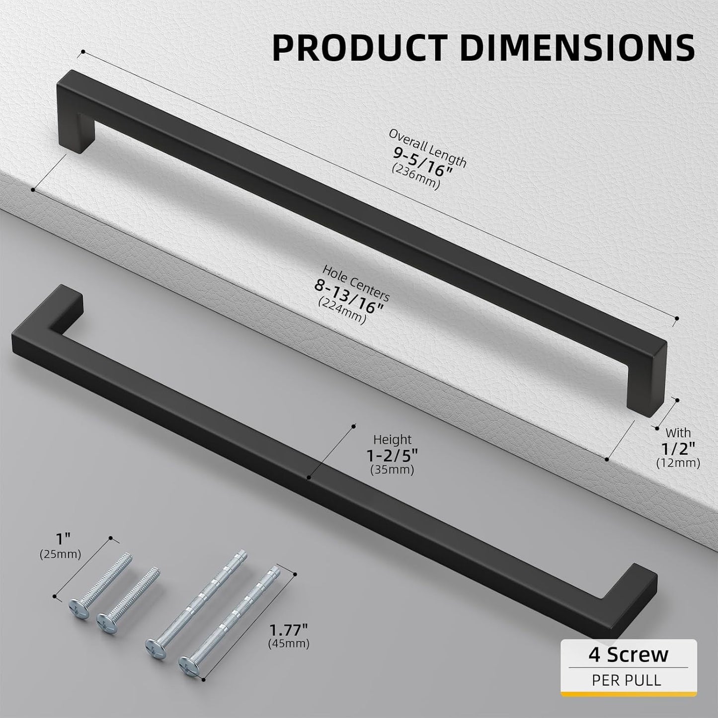 goldenwarm Black Matte Cabinet Pulls Kitchen Bathroom Door Drawer Closet Hardware Handles, LSJ12BK224, 150 Pack 8 4/5 Inch in Hole Black Pull, Flat Square Bar Modern Drawer Handle