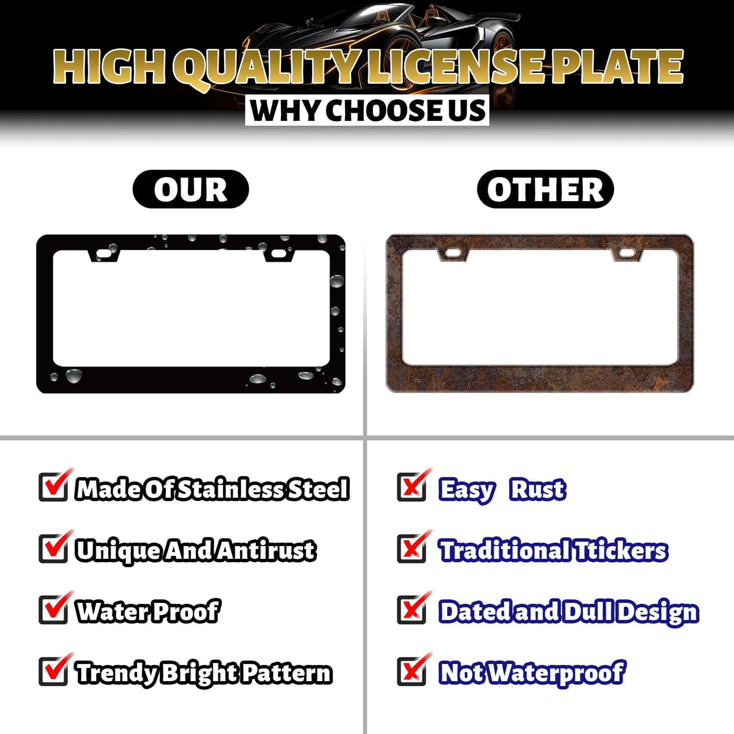 Blue Folk Art Flowers License Plate Frame Colorful Floral License Plate Holder Stainless Steel Funny Design with 2 Holes and Screws 12.3" x 6.3"