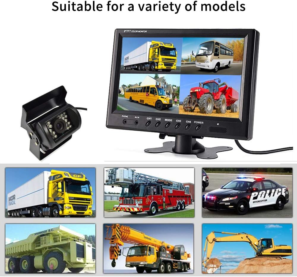 Wired Backup Camera System with 9 Inch Monitor for RV,Trucks,Cars, 4 Channel Quad Split Reversing Camera System with Screen, Rear View Camera,Waterproof,18 IR Night Vision, Easy Installation