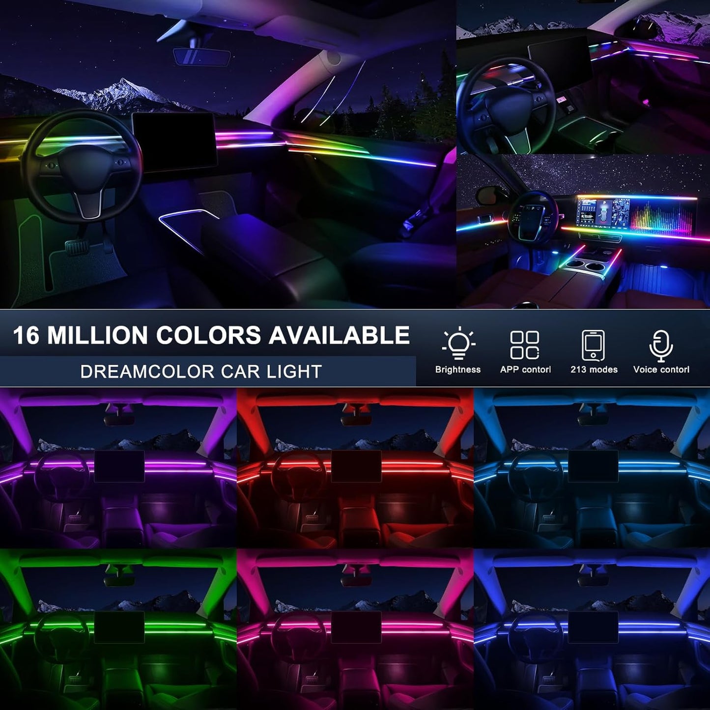 Dreamcolor Acrylic Interior Car LED Strip Light with Wireless APP, RGB 14 in 1 with 175 inches 600 LEDs Fiber Optic Car Ambient Lighting Kits, Dual Zone Sound Active Function LED Strip for Car