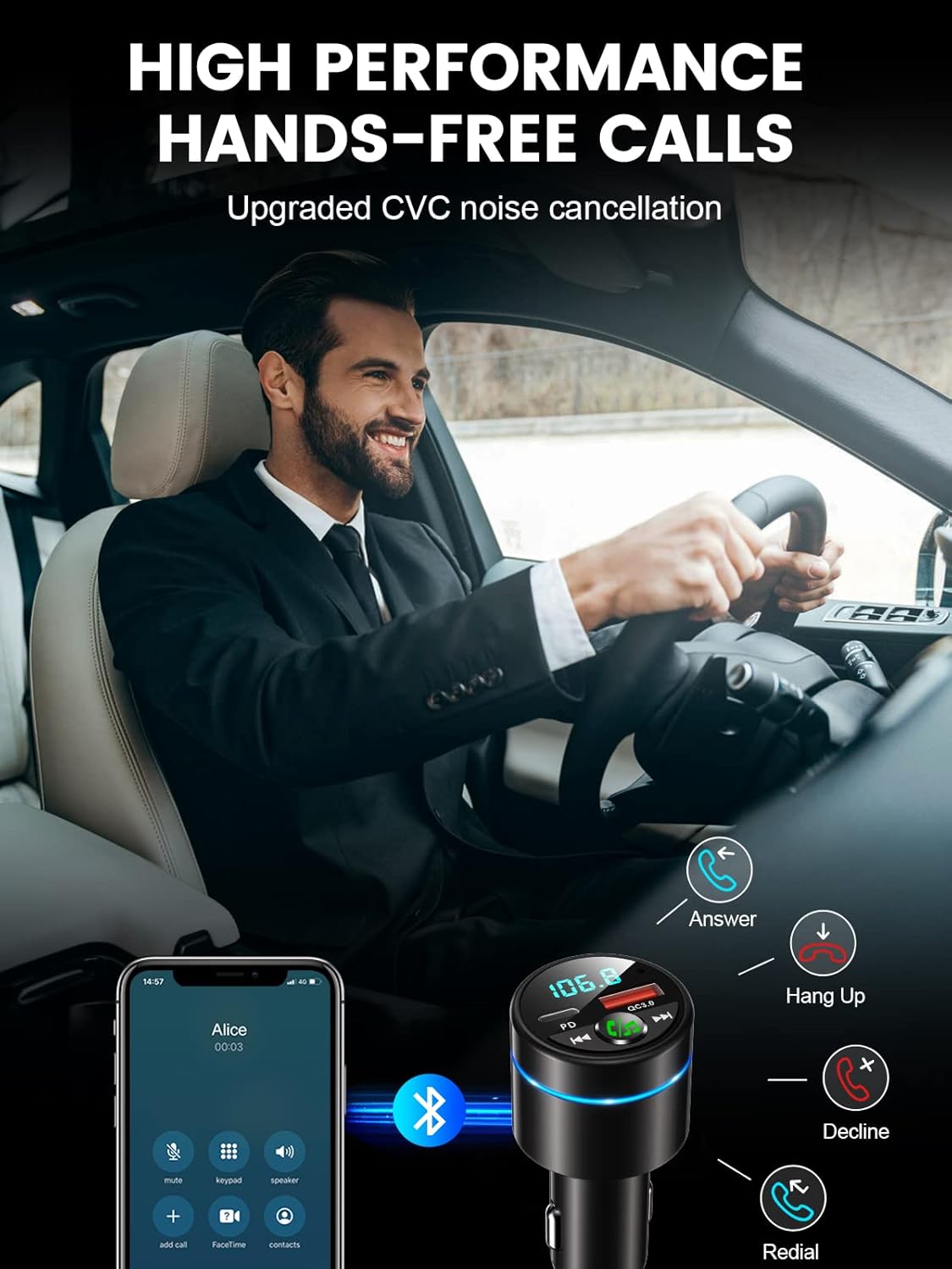 FM Transmitter for Car Bluetooth 5.3, [All-Metal] PD 30W & QC3.0 18W Fast Car Charger, Wireless FM Radio Car Kit Bluetooth Car Adapter, Noise Cancelling Hands-Free Call, Blue Light - Black