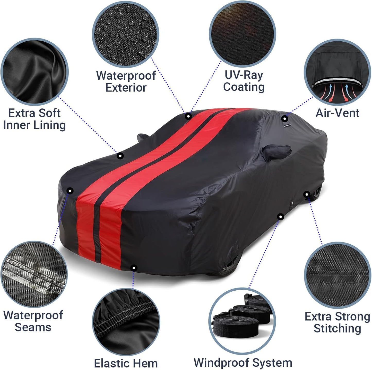 iCarCover Custom Car Cover for Pontiac Sunfire 2-Door, 4-Door (2003-2005) Waterproof All-Weather Rain Snow UV Sun Protector Full Exterior Indoor Outdoor Car Cover (Stripe - Black/Red)