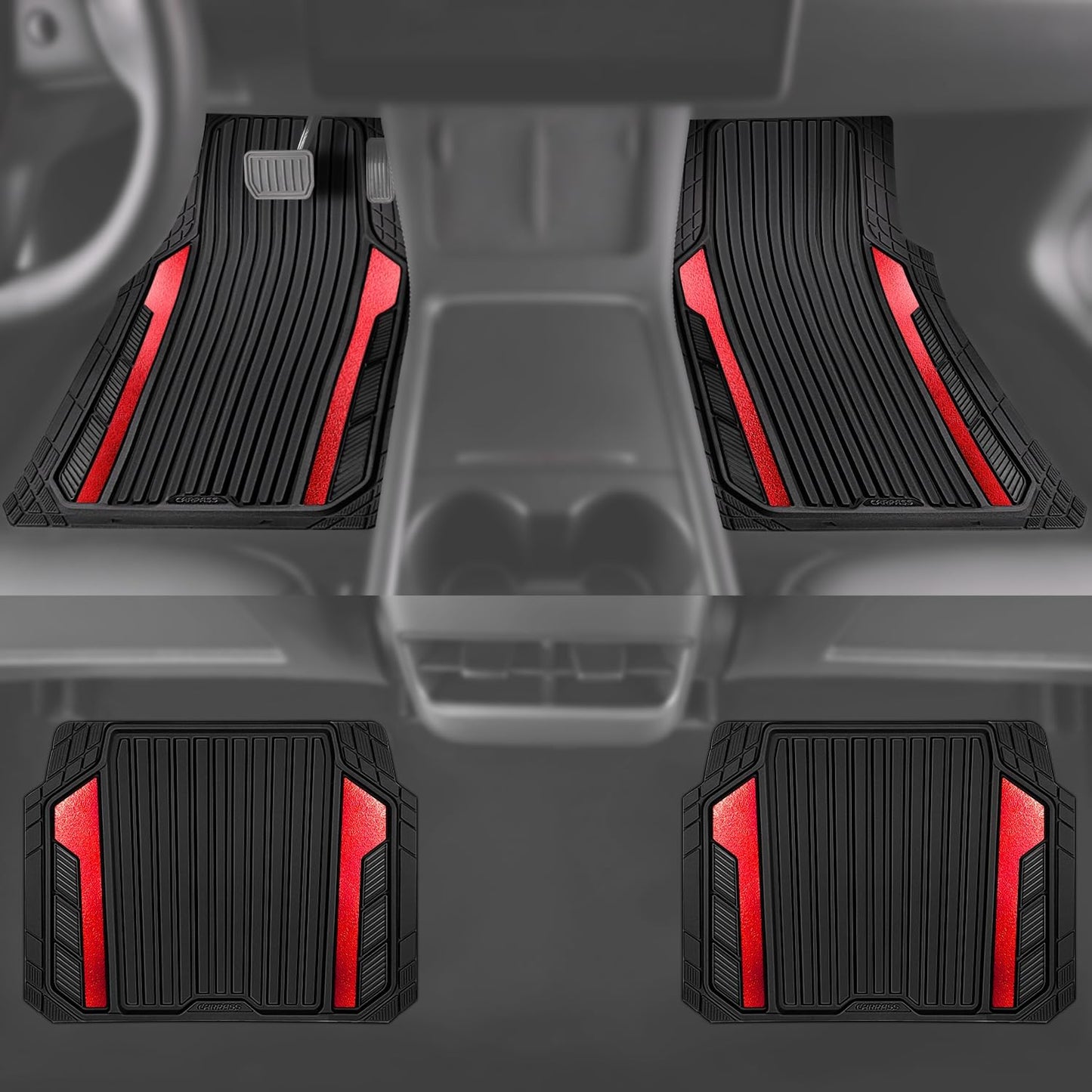 CAR PASS Heavy Duty Rubber Car Mats Metallic, Aluminum Film All Weather Floor Mats Waterproof Universal Trim to Fit Automotive SUV Sedan Van 4 Piece Anodized Deep Dish Two-Tone Sporty Black Red Chrome