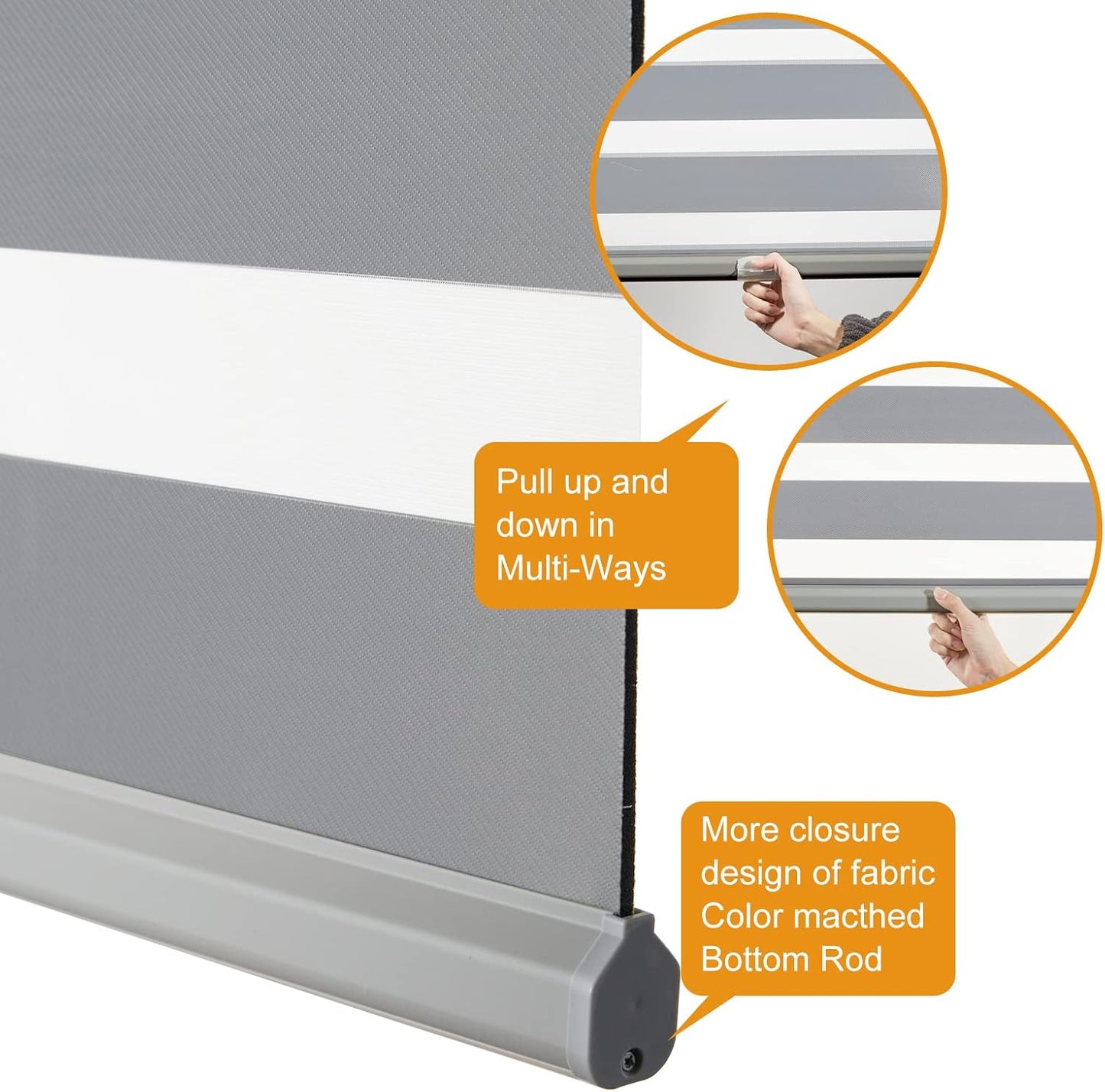 Persilux Cordless Zebra Blinds for Windows Free-Stop Roller Windows Shades (34" W X 64" H, Grey) Dual Layer Light Control for Day and Night, Light Filtering Sheer Shades for Home