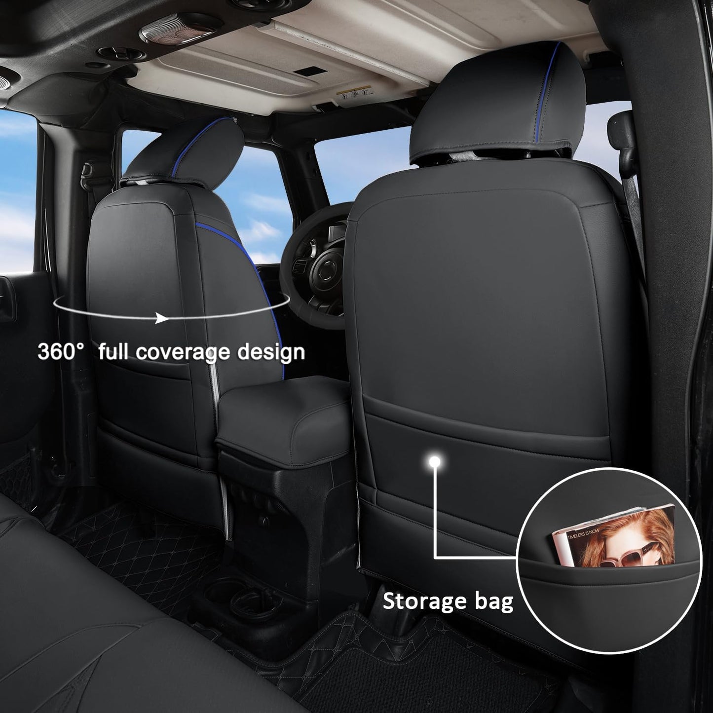 GIANT PANDA Customized Full Set Car Seat Covers for Jeep Wrangler 4 Door JK Sahara Sport Rubicon Unlimited Willys Wheeler Altitude 2013 2014 2015 2016 2017, Faux Leather - (Black+Blue)