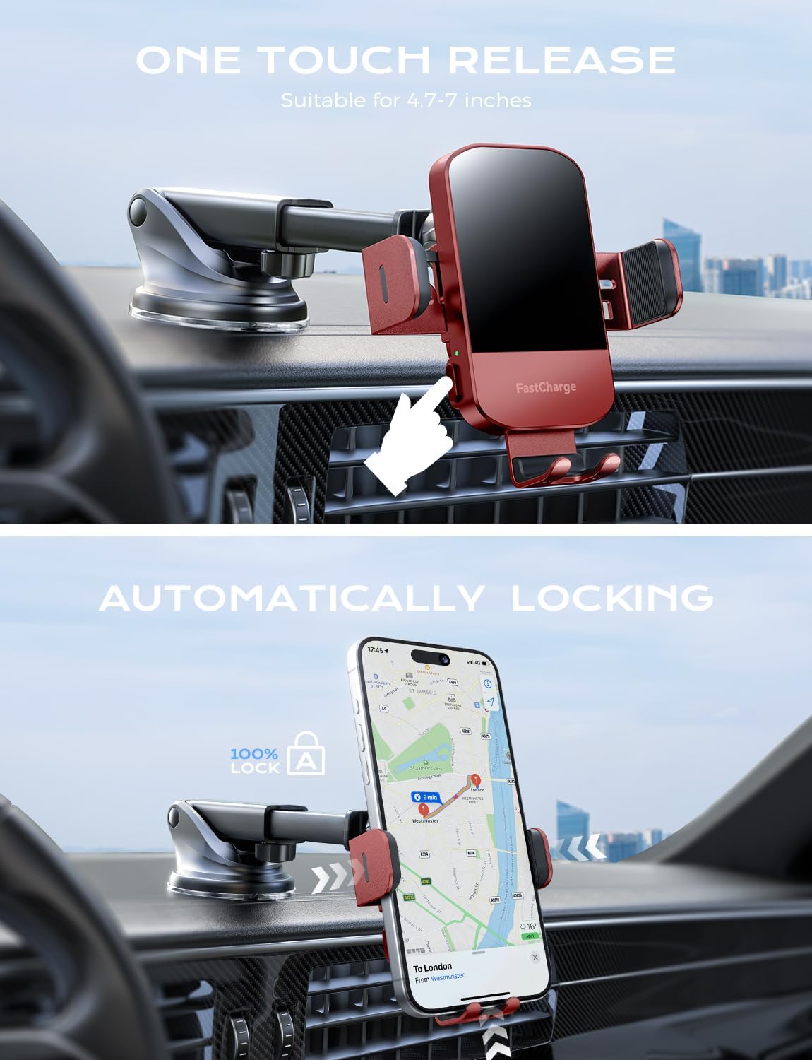 CHGeek Wireless Car Charger, 15W Fast Charging Auto Clamping Car Charger Phone Mount Phone Holder fit for iPhone 15 14 13 12 11 Pro Max Xs, Samsung Galaxy S25 Ultra S24 S23 S22, S21, S20, Red