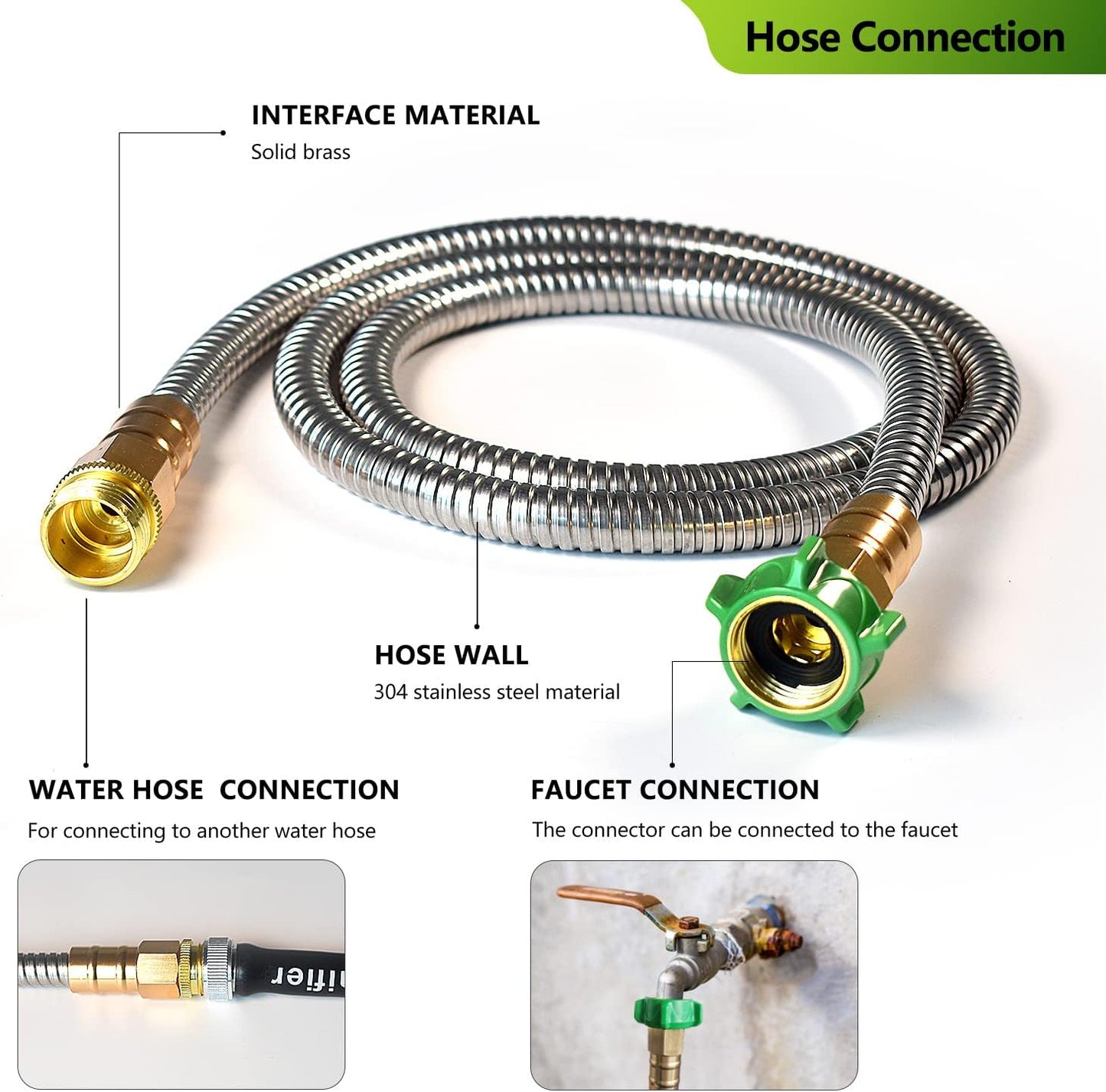 Metal Short Garden Hose 6 ft, 8 ft, 12 ft Flexible Stainless Steel Garden Hose 15 ft, 30 ft, 50 ft Heavy Duty Water Hose Flexible Water Hose (12FT)
