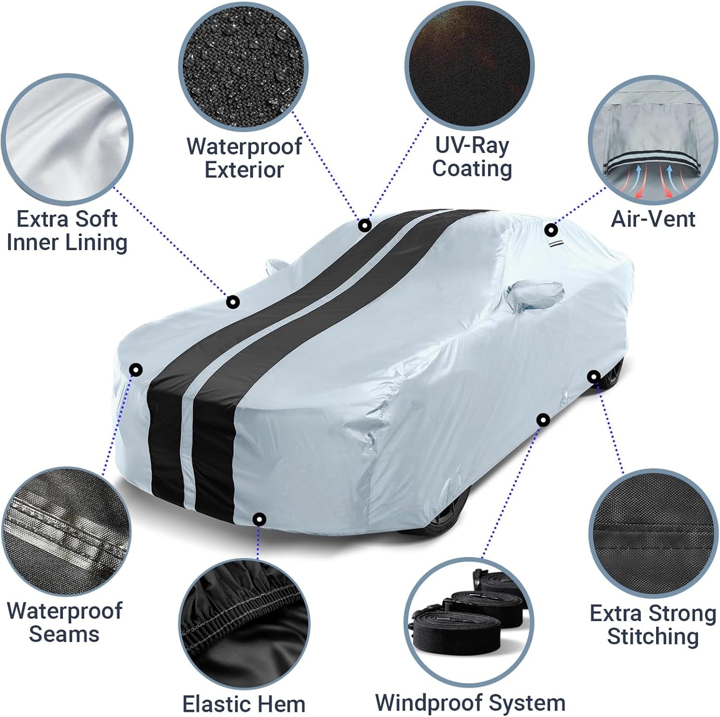 iCarCover Custom Car Cover for Chevy Cobalt (2005-2010) Waterproof All Weather Rain Snow UV Sun Protector Full Exterior Indoor Outdoor Car Cover (Stripe - Gray/Black)