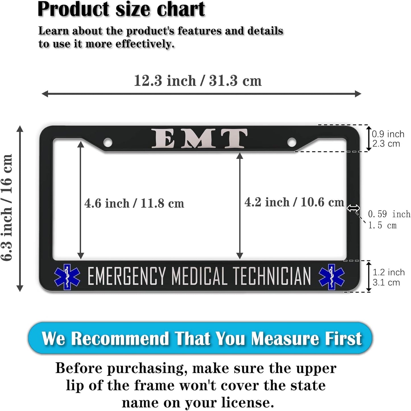 License Plate Bracket Black and White License Plate Frames EMT Emergency Medical Technician Aluminum Metal Car Accessory 2 Pack with Screw Covers Set