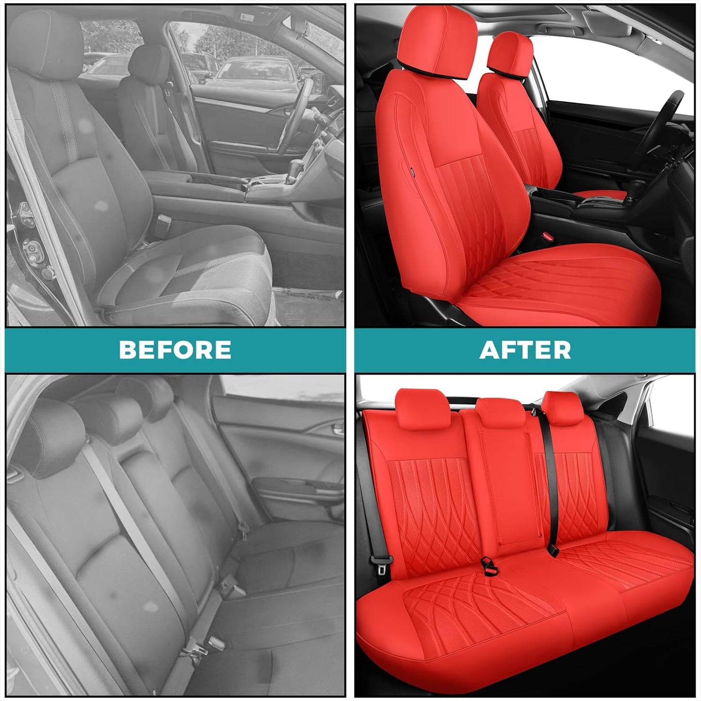 Seat Covers for Honda Civic Hatchback EX, Sport Touring, EXL 2016 2017 2018 2019 2020 2021, Faux Leather Car Seats Cover Full Set(Rear Row 40/60 Split & Folding Backrest)-RED