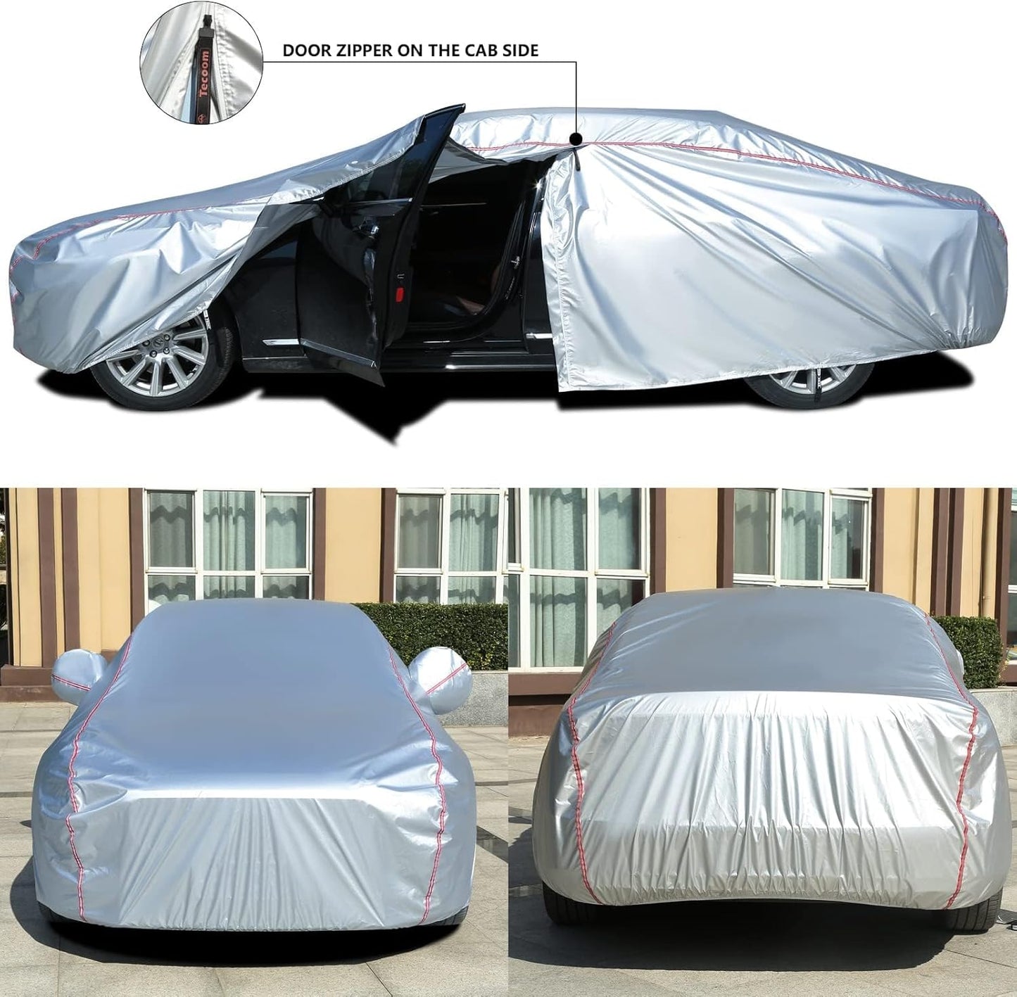 Tecoom Hard Shell Oxford Material Door Shape Zipper Design Waterproof UV-Proof Windproof Car Cover for All Weather Indoor Outdoor Fit 160-172 Inches Hatchback