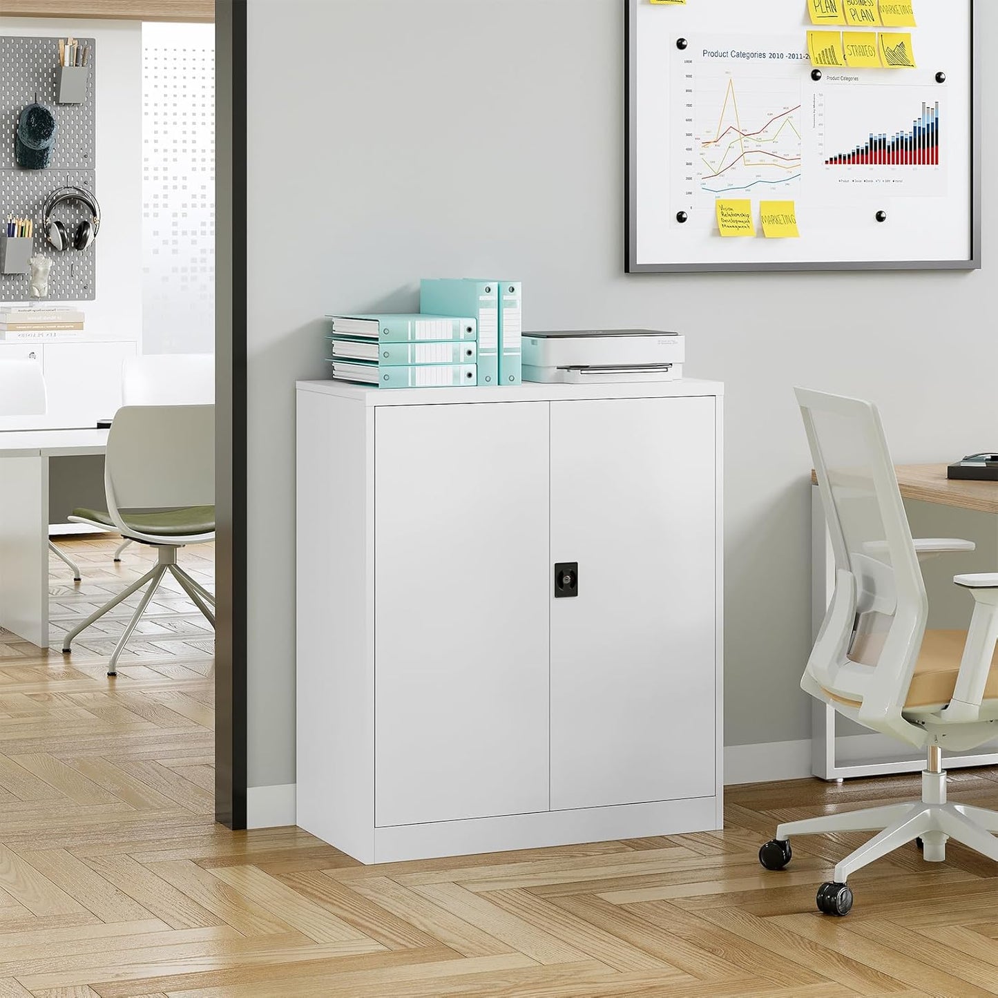 Metal Storage Cabinet, Lockable Storage Cabinet with 2 Doors and Shelves, Metal Cabinet with Lock, Small Lockable Metal Cabinet for Home Office(White)