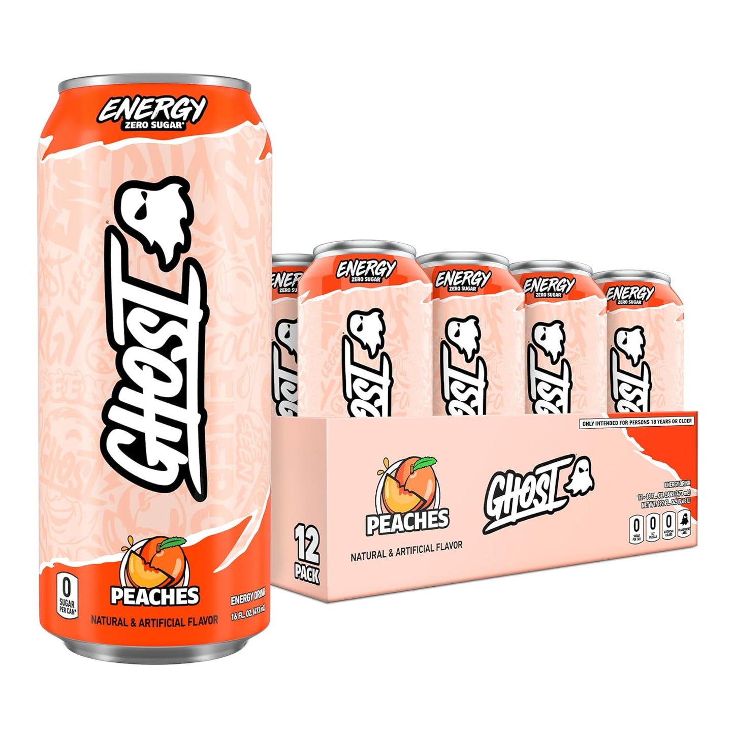 GHOST Energy Drink - 12-Pack, Peaches, 16oz - Energy & Focus & No Artificial Colors - 200mg of Natural Caffeine, L-Carnitine & Taurine - Gluten-Free & Vegan