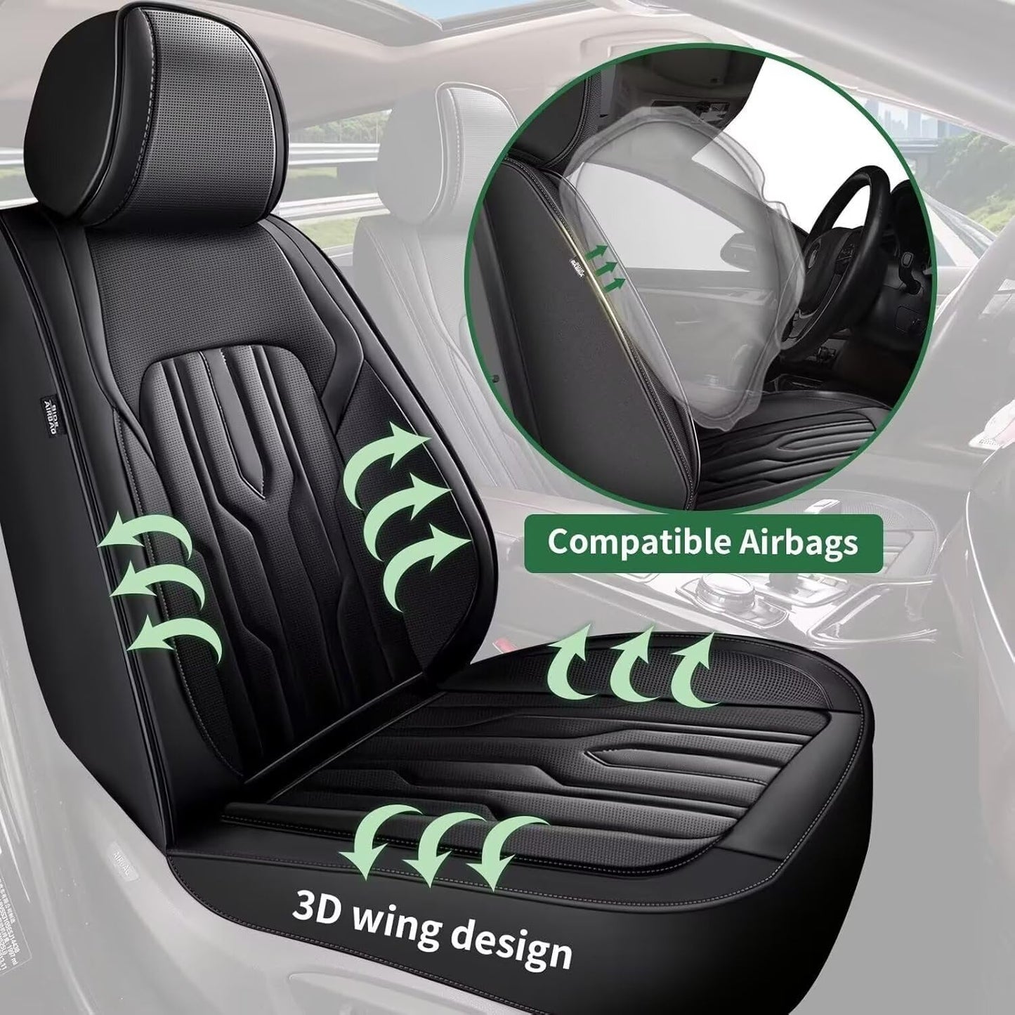YORKNEIC Fit for Hyundai Kona Seat Covers 2018-2025: Leather Waterproof Car Seat Covers Anti-Slip Protector Full Set (2 Row 5 Seats, Black)