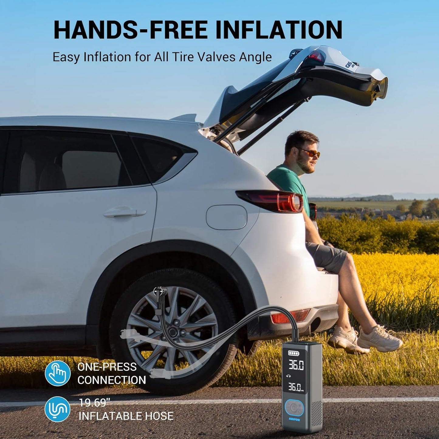 AVAPOW AP18 Tire Inflator Portable Air Compressor, 300% Faster 150 PSI Cordless Air Pump with Tire Pressure Gauge, 3.7″ Dual LCD Screen, Auto-Shuts Off Tire Pump for Car, Motorcycle, Bicycle, Blue