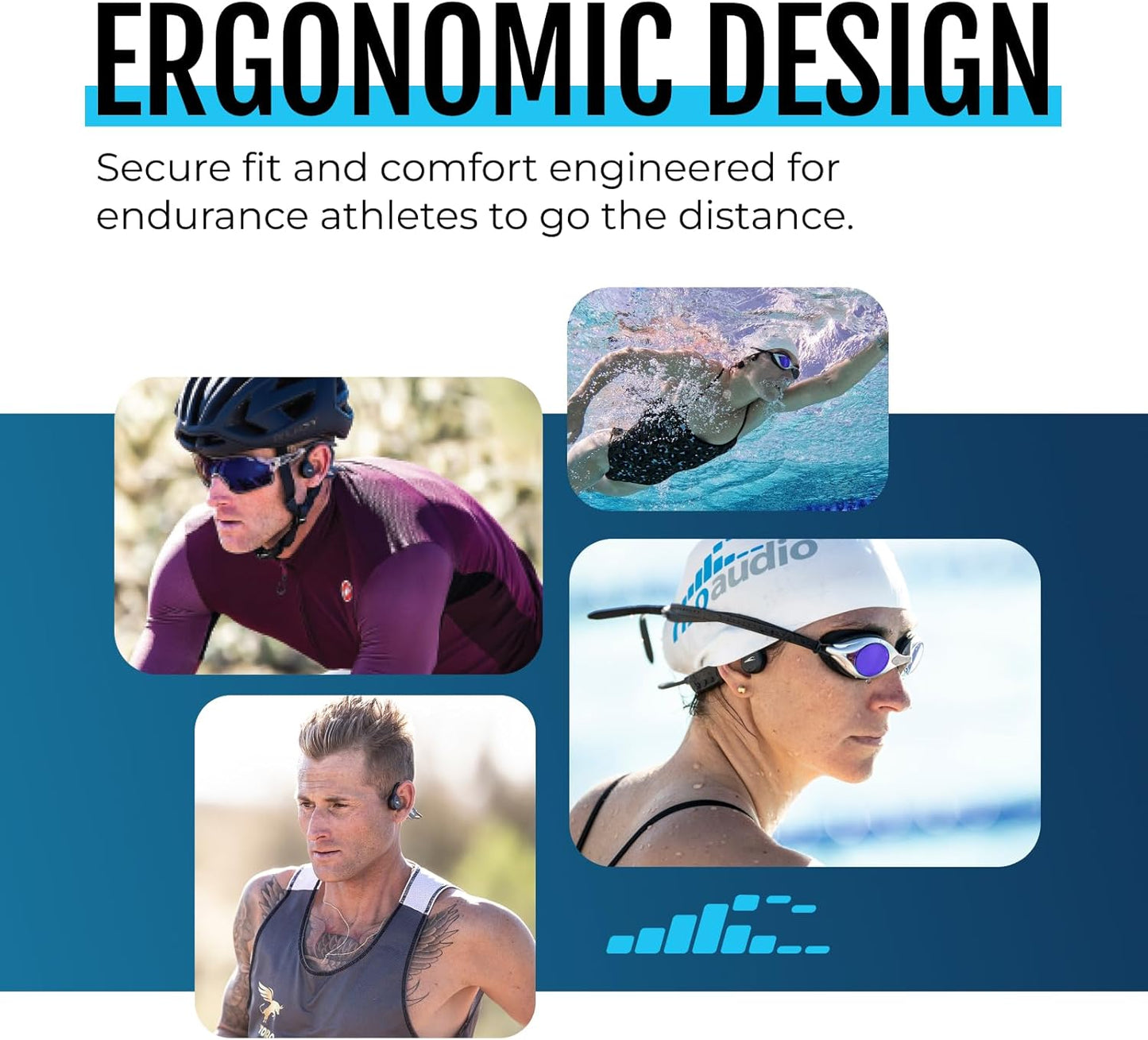 H2O Audio TRI 2 Multisport Waterproof Bone Conduction Open Ear Headphones, Bluetooth 5.3 for Running and Cycling, MP3 Mode for Swimming, 8GB Memory, 8.5-Hour Battery, Black/Blue
