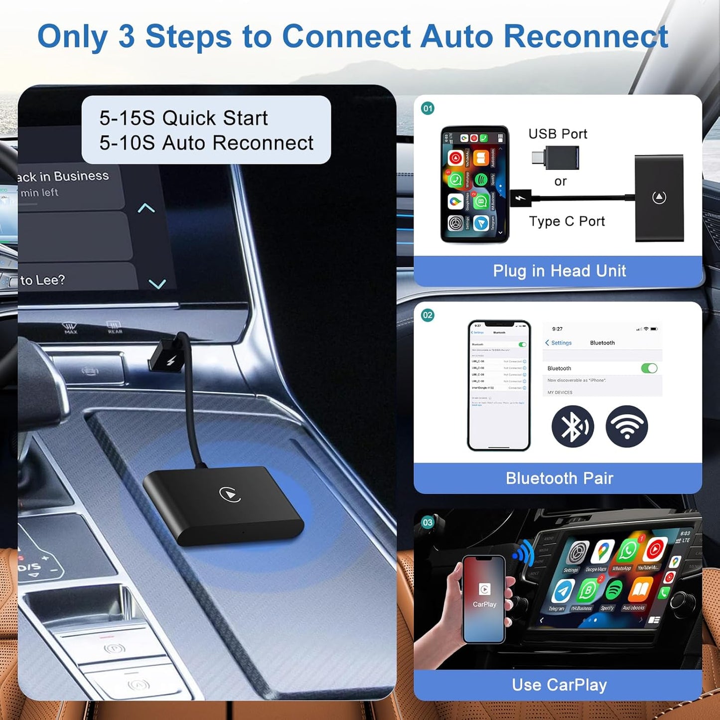 LXJADAP Wireless CarPlay Adapter 2025 Upgrade Wired CarPlay to Wireless, Plug and Play Easy Use Fast Stable Connection Car Play for iPhone
