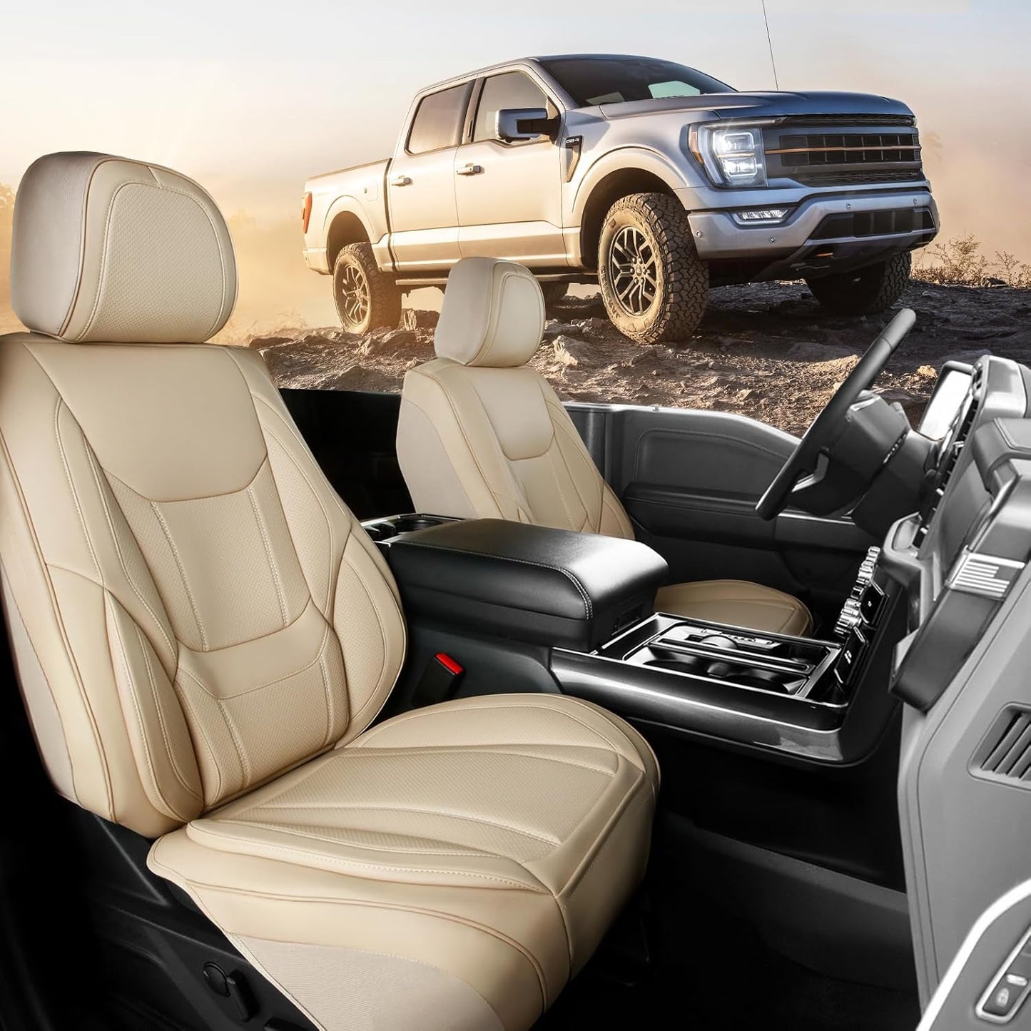 Coverland Custom Car Seat Covers Compatible with 2007-2013 Tundra Double Cab - Premium Leather Non-Slip Memory Foam Waterproof Cover Interior Protector Front Seat-Beige [See Size Chart-Size A34]