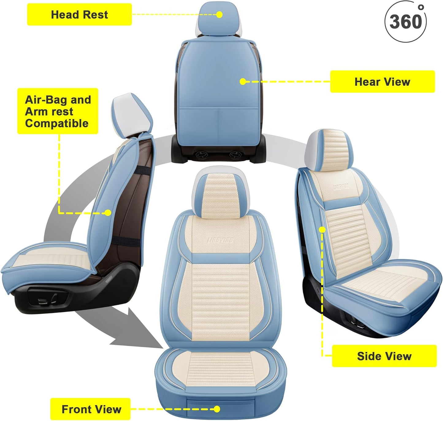 LINGVIDO Universal Car Seat Cover, Breathable and Waterproof Faux Leather Automotive Seat Covers for Cars SUV Sedan (Front seat, White & Light Blue)