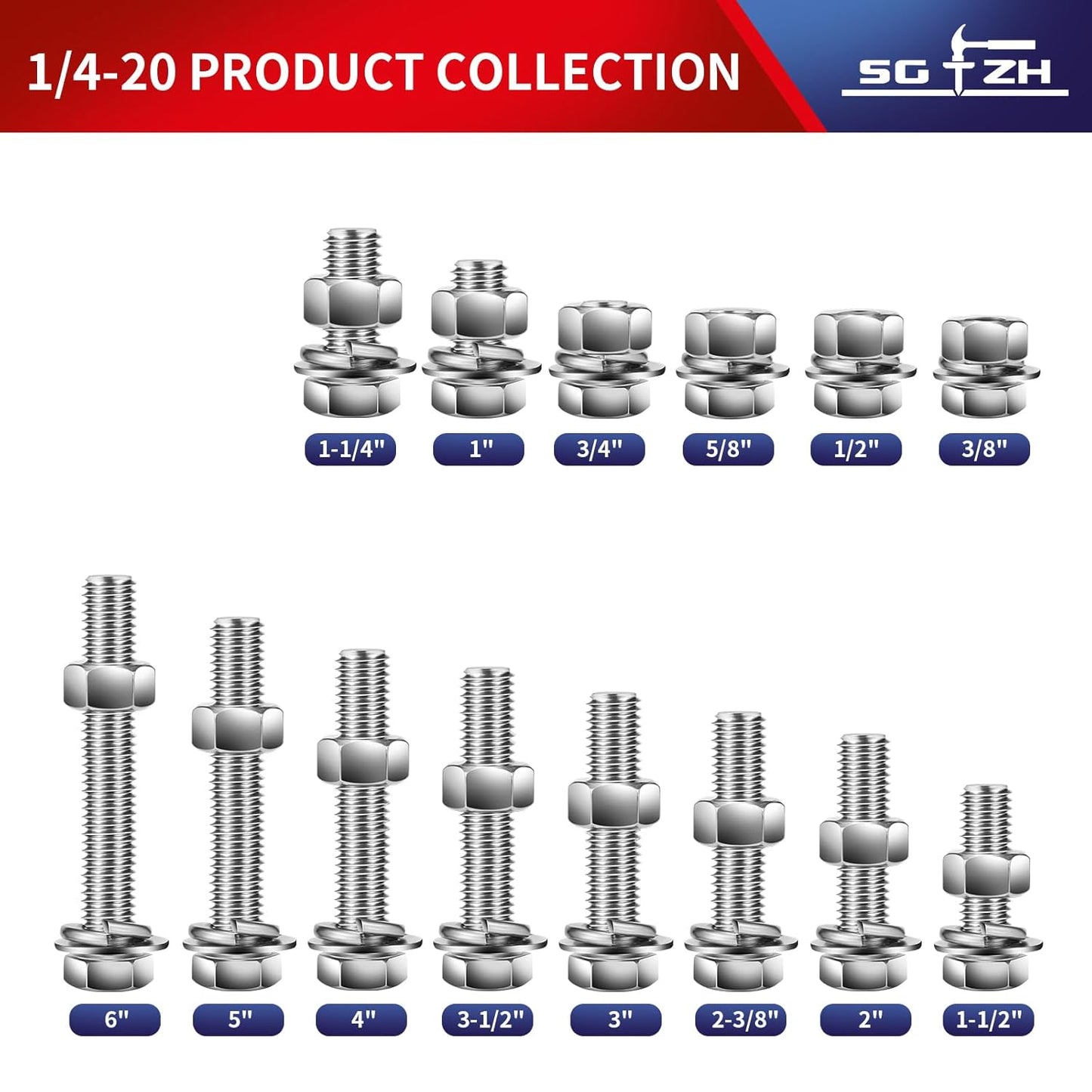 1/4-20 x 5/8" Hex Head Screw Bolt, Nuts, Flat & Lock Washers, 10Pcs 18-8 (304) Stainless Steel, Fully Threaded, by SG TZH