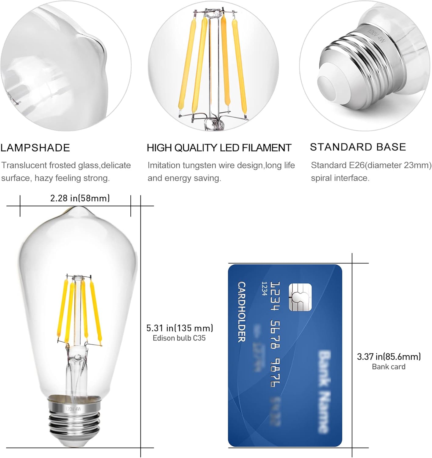 LED Edison Bulb 4W,Antique 40W Vintage Edison Bulb,E26 Light Bulb Non Dimmable Led Bulb 450 Lumens 5500K Cold White,Pack of 6