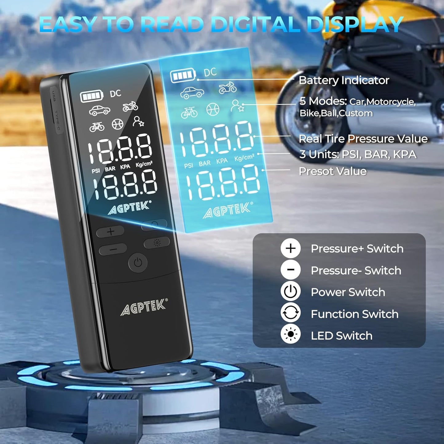 AGPTEK Tire Inflator Portable Air Compressor-150PSI & 5000mAh Tire Pressure Gauge Electric Air Pump,LCD Display with LED Light for Cars, Bikes & Motorcycle Tires, Balls