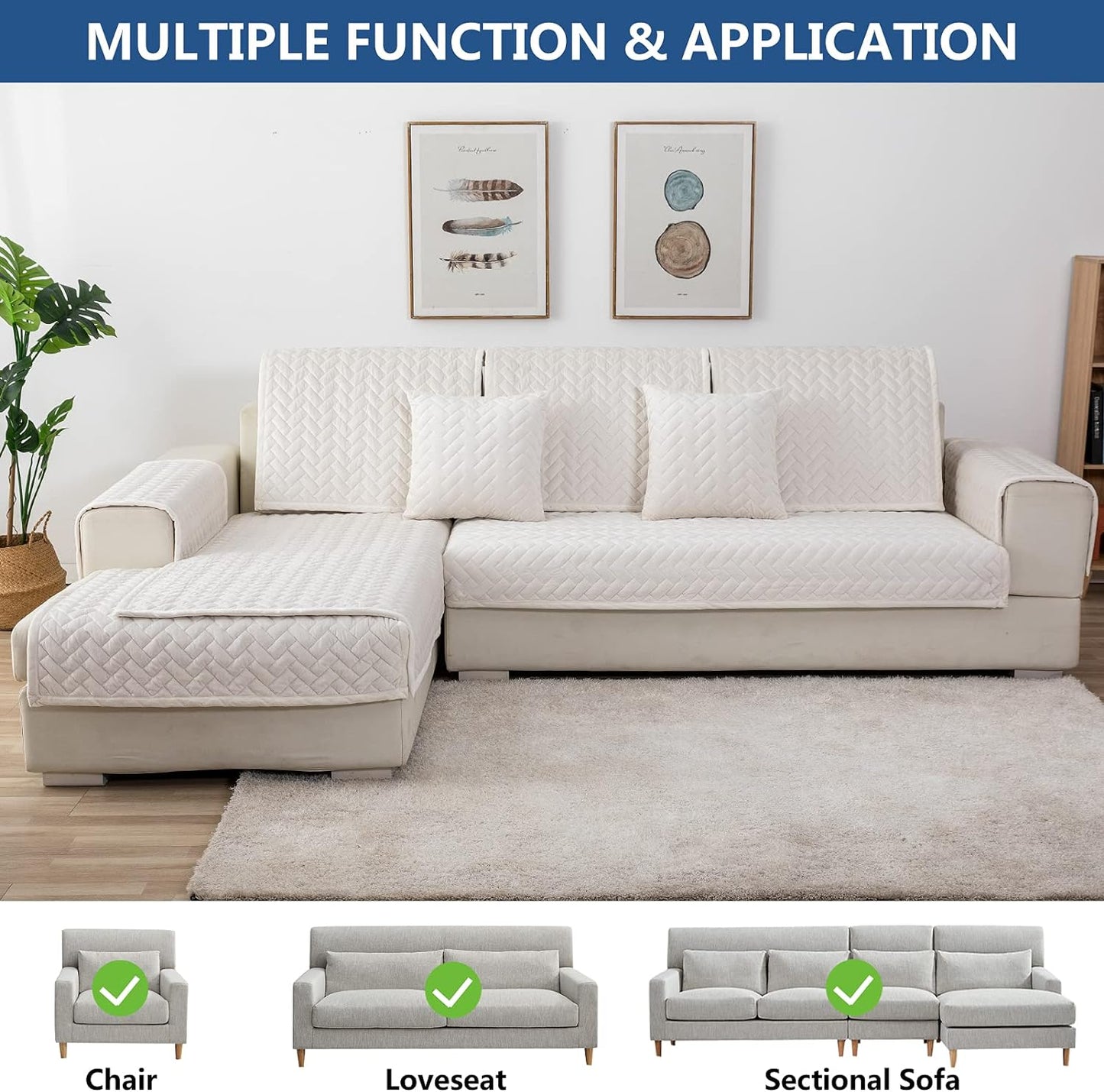 Eismodra Couch Cover,Sectional Couch Covers,Sofa Covers for 3 Cushion Couch,Anti-Slip Sofa Slipcovers for Dogs Cats Kids Loveseat Recliner L Shaped Armrest Backrest,White 36''x70''(Only 1 Piece)