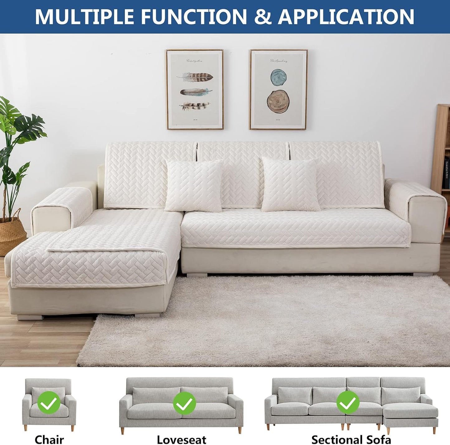 Eismodra Couch Cover,Sectional Couch Covers,Sofa Covers for 3 Cushion Couch,Anti-Slip Sofa Slipcovers for Dogs Cats Kids Loveseat Recliner L Shaped Armrest Backrest,White 36''x47''(Only 1 Piece)