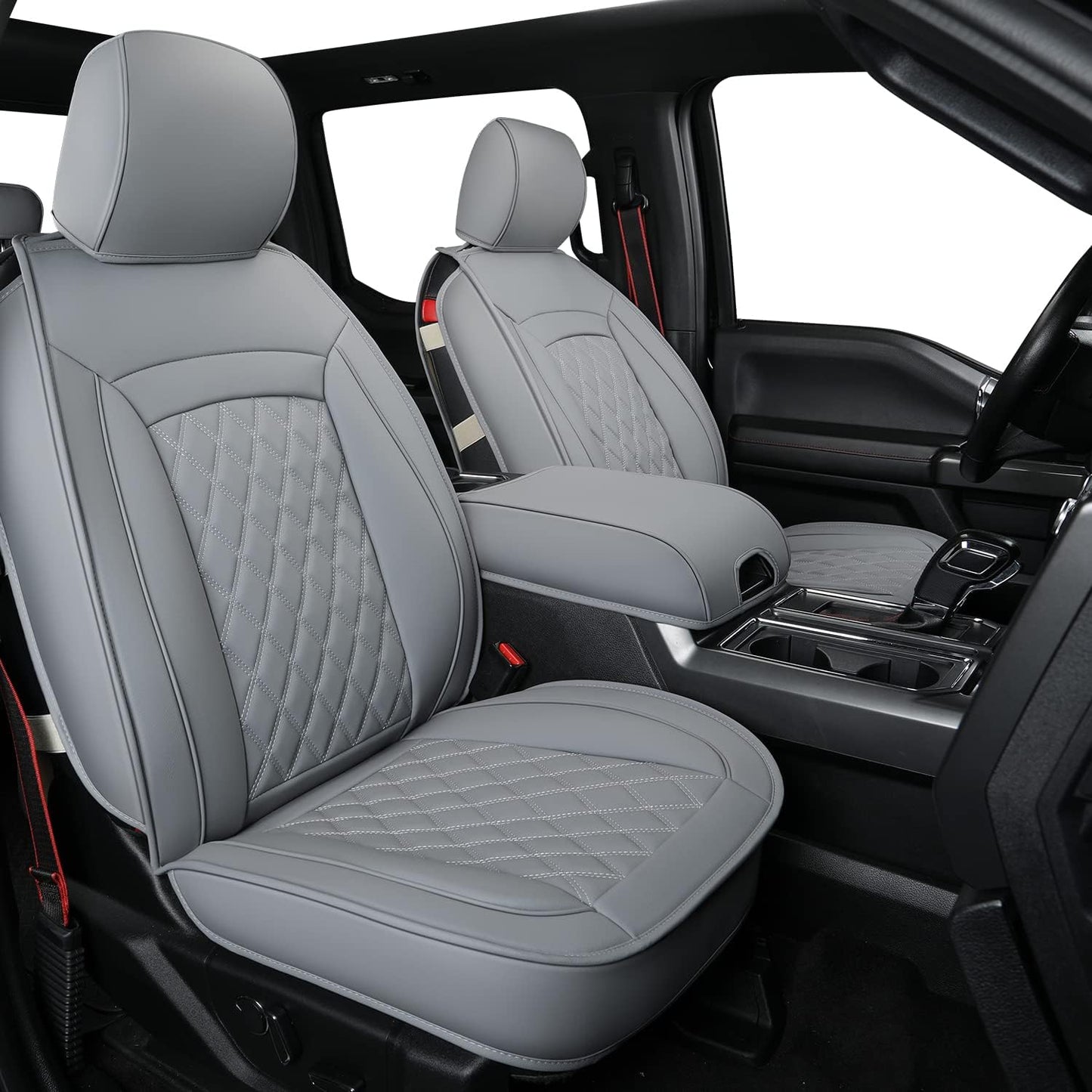 LUCKYMAN CLUB F150 Faux Leather Seat Covers Fit for 2015-2025 F150 and 2017-2025 F250 F350 F450 Pickup Trucks(Full Set, Gray)