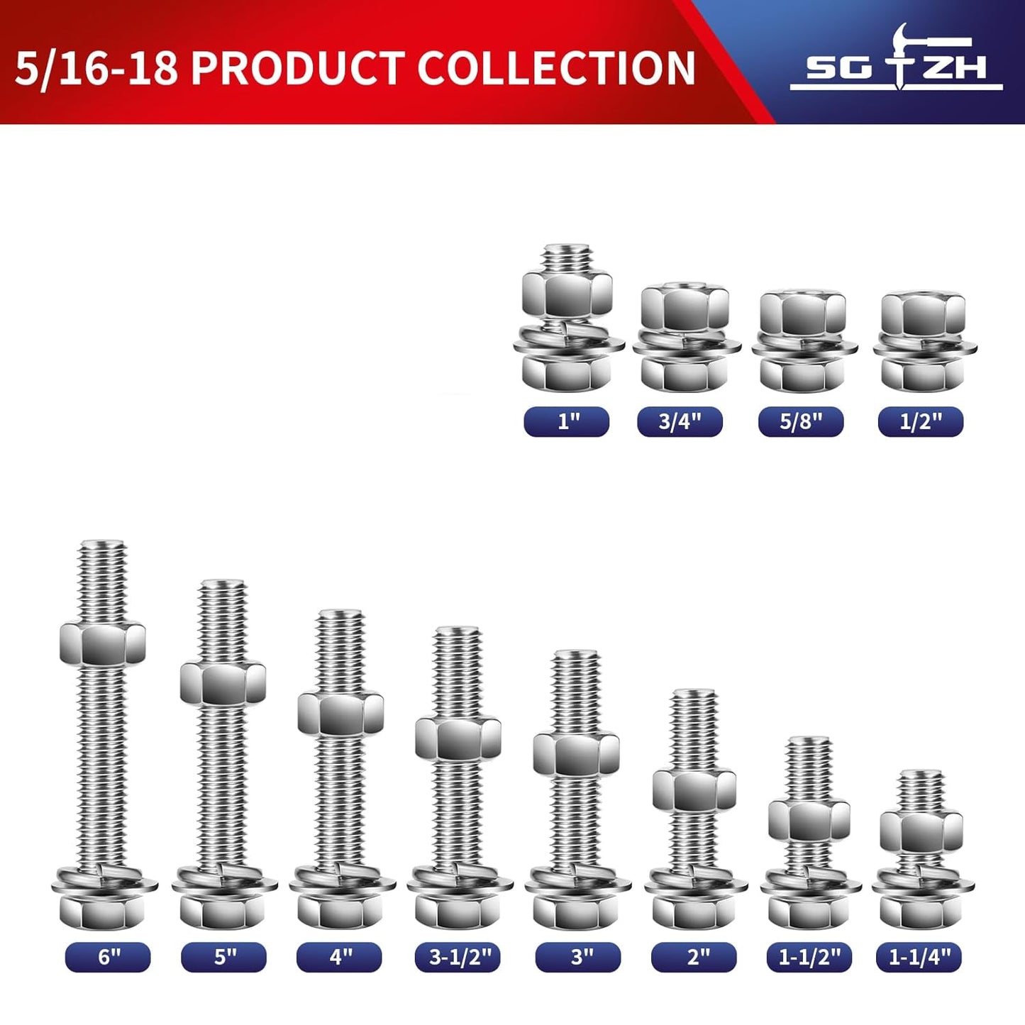 5/16-18 x 4" Hex Head Screw Bolt, Nuts, Flat & Lock Washers, 20Pcs 18-8 (304) Stainless Steel, Fully Threaded, by SG TZH