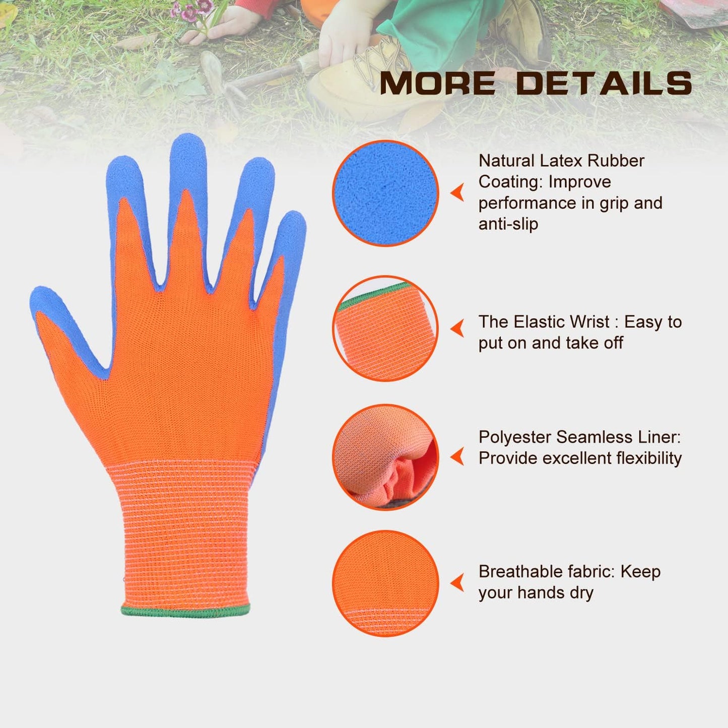 HANDLANDY 3 Pairs Kids Gardening Gloves Latex Free, Nitrile Coated Children Toddler Garden Yard Work Gloves for Little Girls Boys (Size L, Black-Orange)