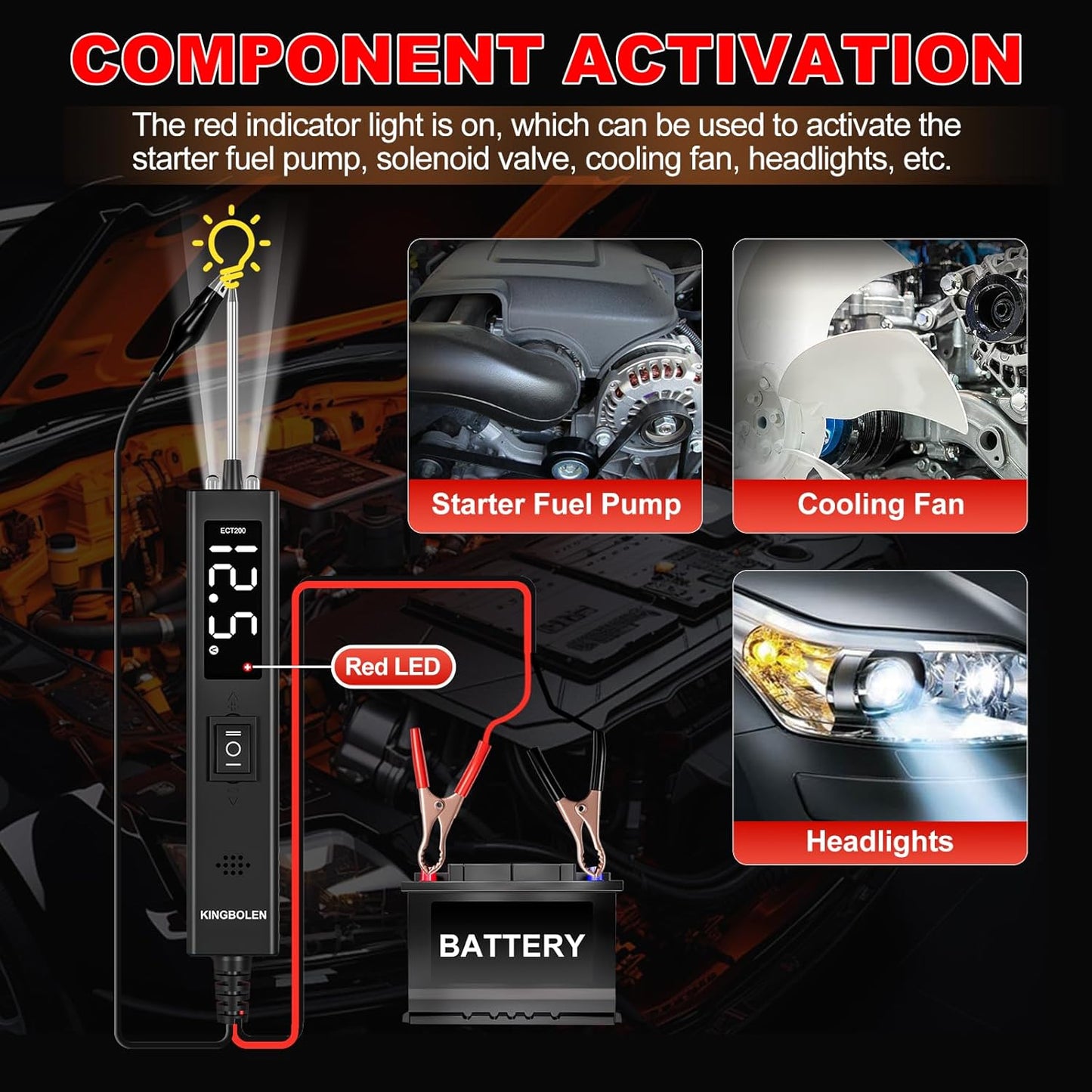 KINGBOLEN ECT200 Automotive Electrical Circuit Tester, 12V 24V Car Voltage Test Power Probe Tester, Component Activation, Continuity Test, Trailer Light Tester, Short Circuit Finder, 16.5FT Cable