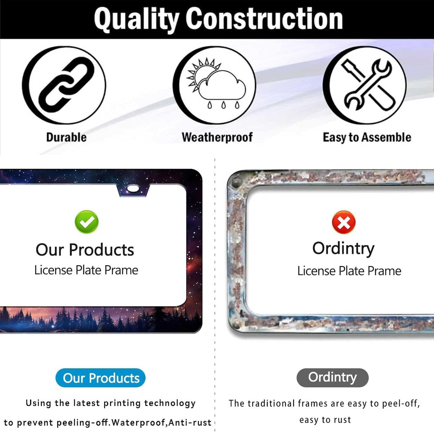 Universal License Plate Frame - Heavy Duty Rustproof Aluminum Matte Black Car Tag Holder Bracket Fits All US States, Easy Install with Screws Included (Starry SkStarry Sky Galaxy-2pcy Galaxy-2pc)