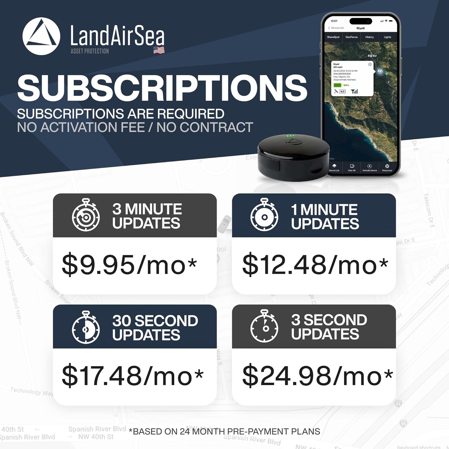 LandAirSea Overdrive GPS Tracker — Extended Life Battery, Magnetic, and Waterproof. Commercial GPS Tracker for Vehicles, Trailers, Equipment, and Assets. Real-Time Global Tracking.