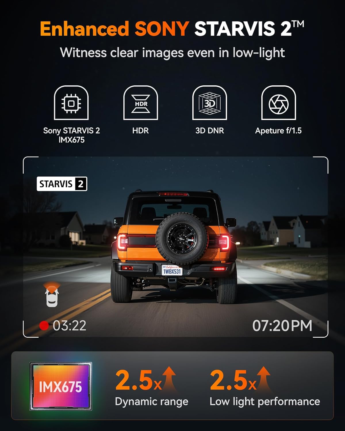 WOLFBOX X3 2.5K 60FPS Dash Cam, STARVIS 2 IMX675 with ADAS, 2.5K+1080P Dual Dash Cam Front and Rear, Built-in 5.8GHz WiFi & GPS, Included 64GB Card, Touch Screen, G-Sensor, Loop Recording